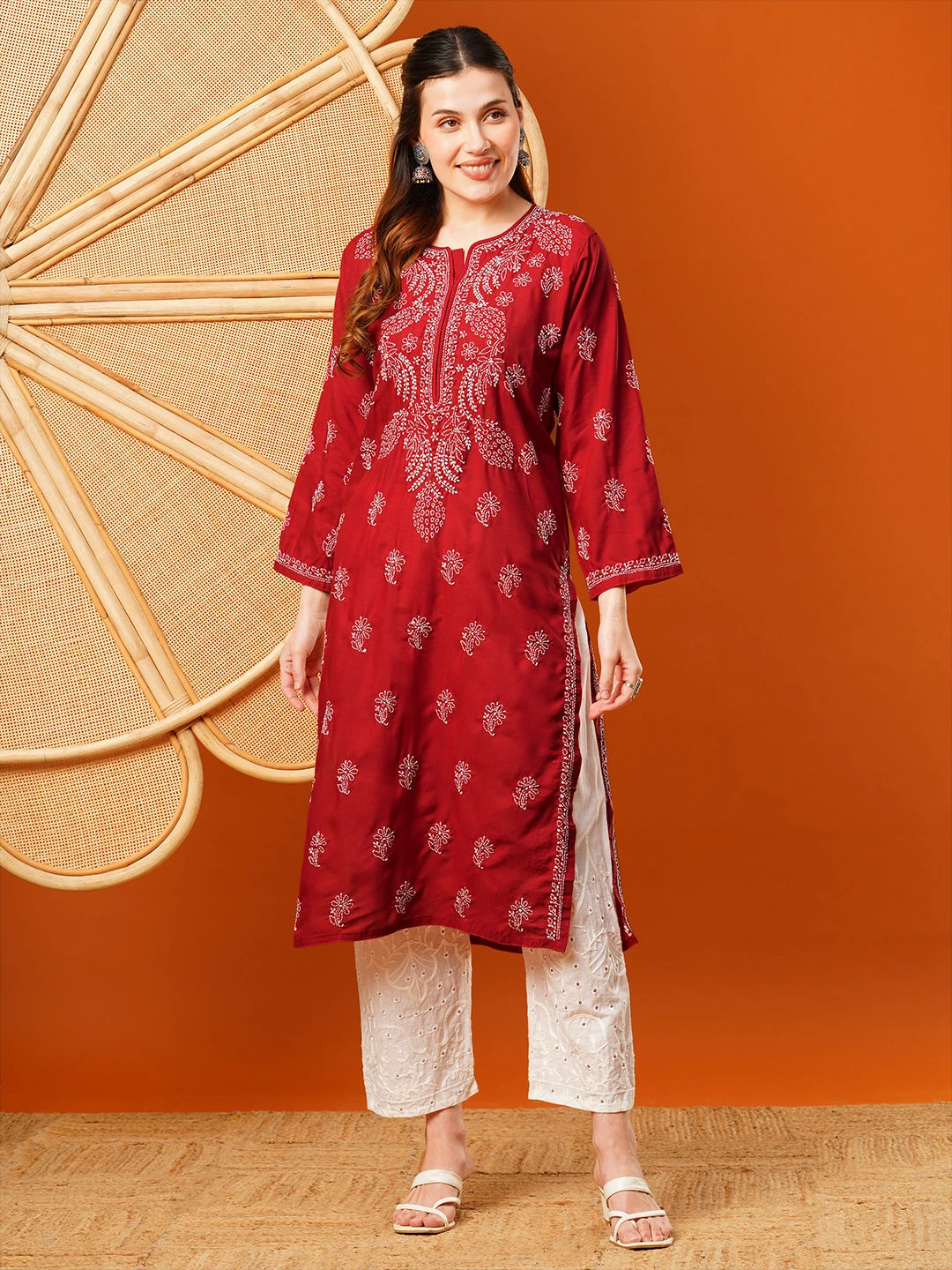 Ada Hand Embroidered Maroon Cotton Lucknowi Chikankari Straight Kurta A411608