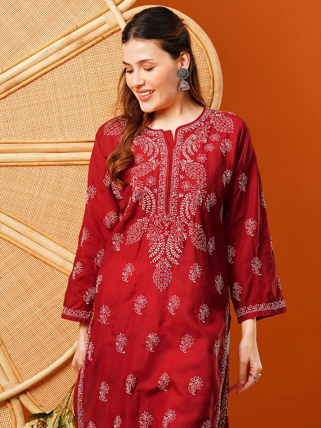 Ada Hand Embroidered Maroon Cotton Lucknowi Chikankari Straight Kurta A411608