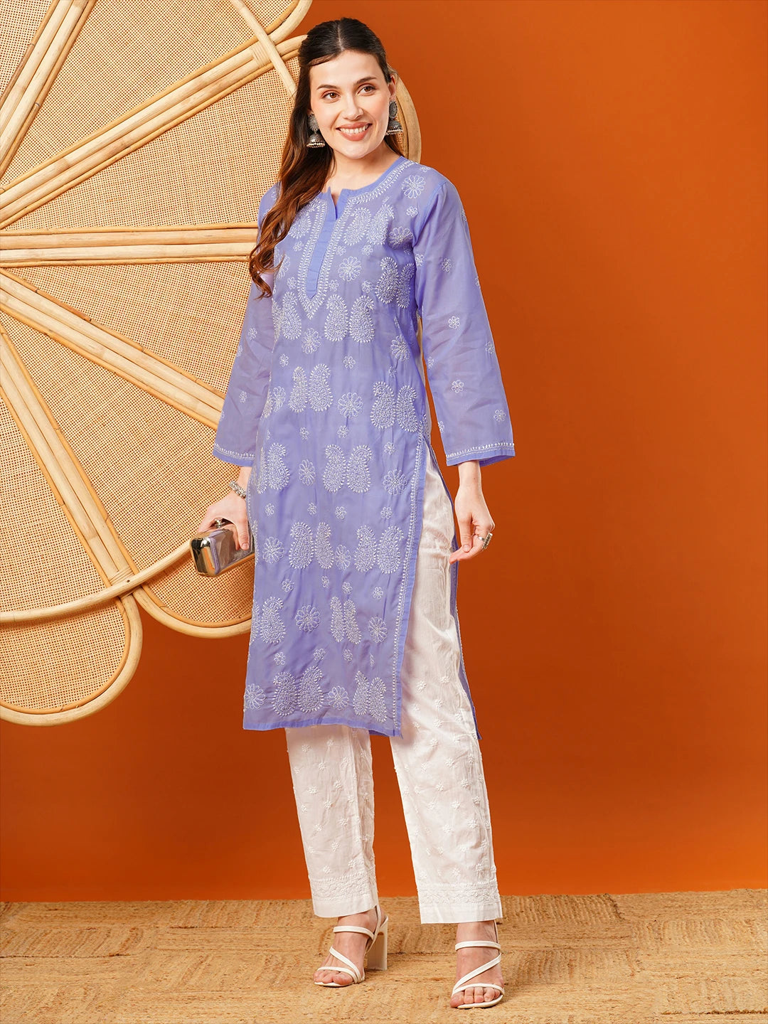 Ada Hand Embroidered Mauve Cotton Lucknowi Chikankari Straight Kurta A411610