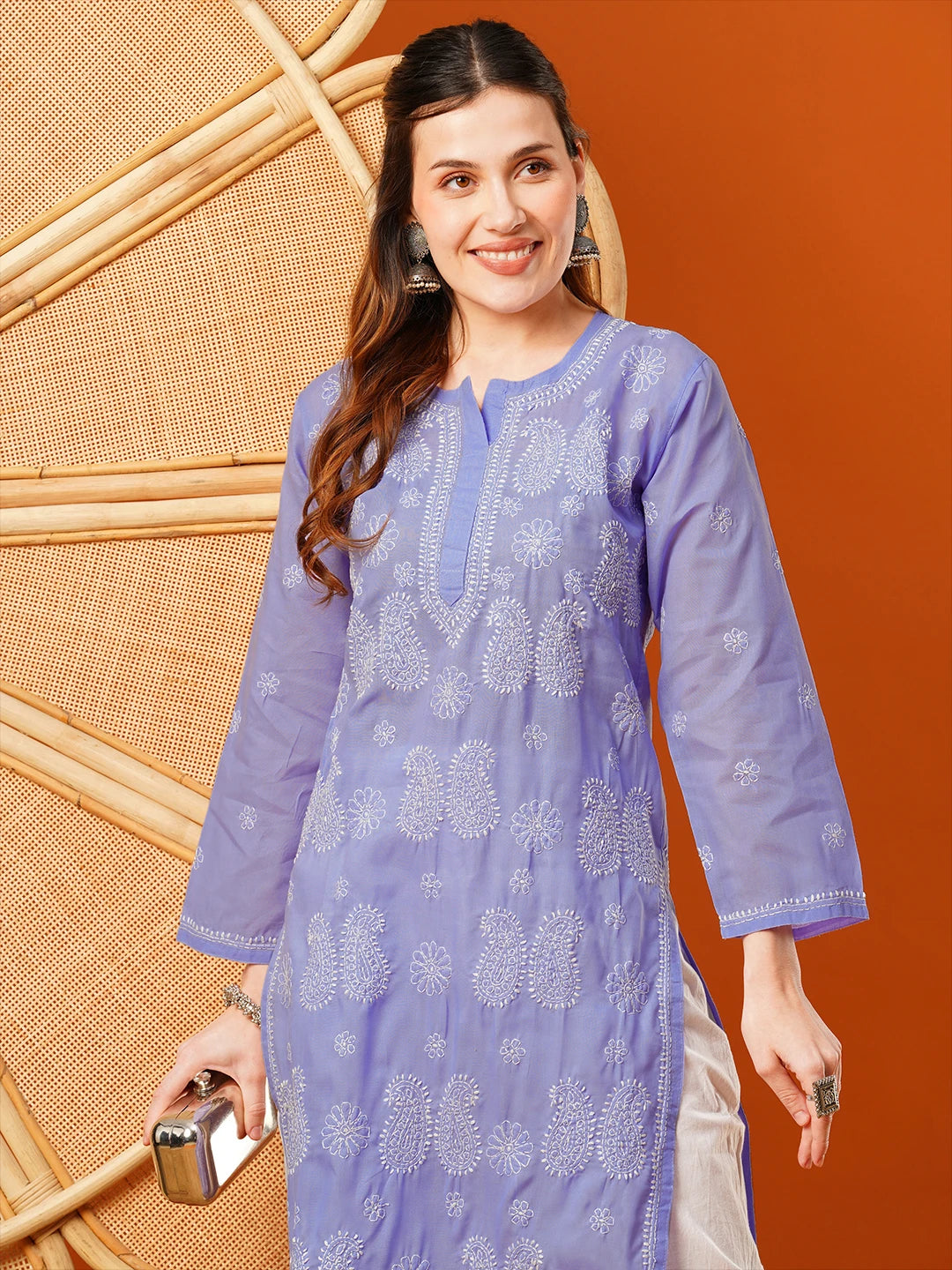 Ada Hand Embroidered Mauve Cotton Lucknowi Chikankari Straight Kurta A411610