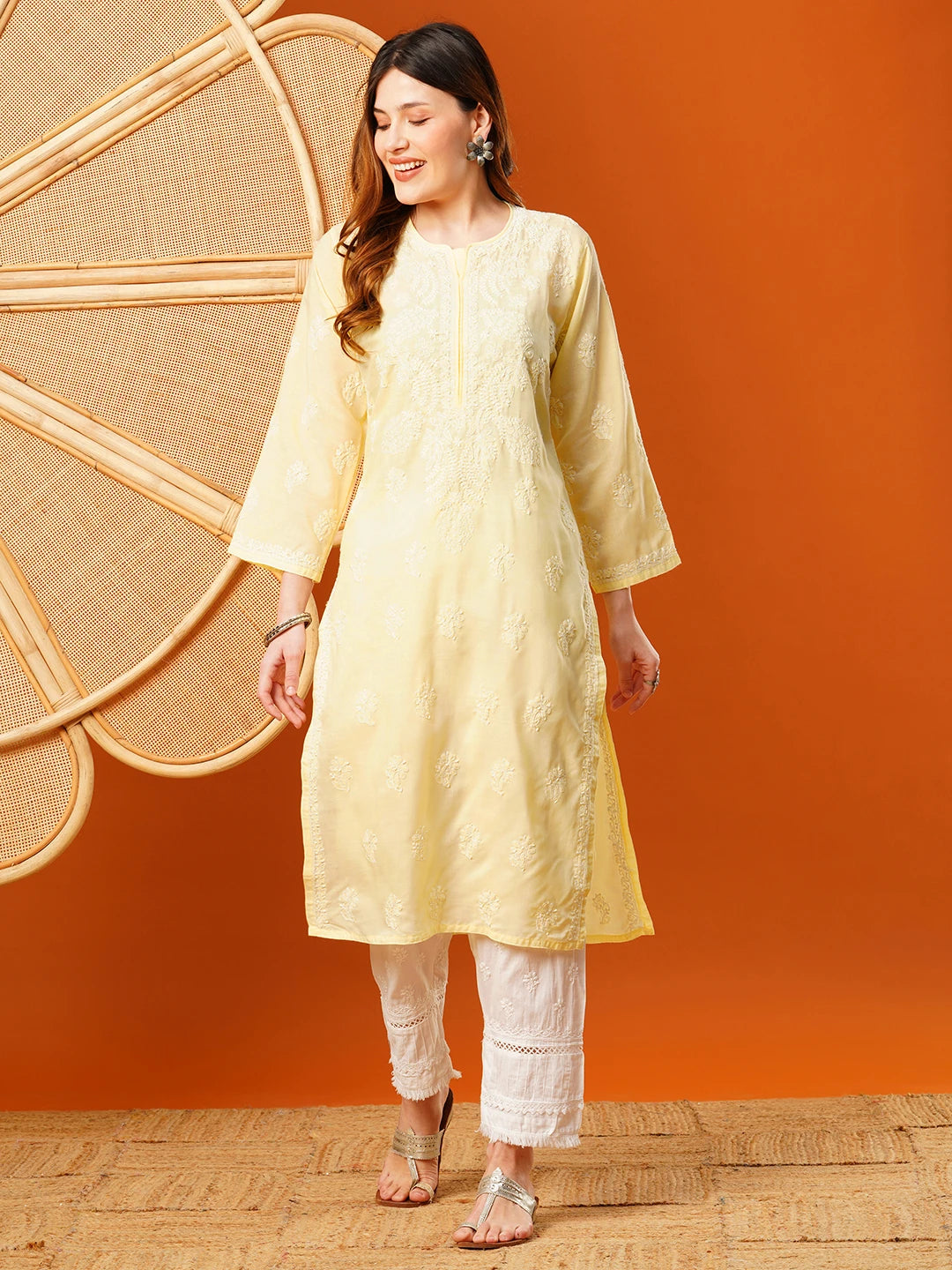 Ada Hand Embroidered Pastel Lemon Cotton Lucknowi Chikankari Straight Kurta A411609