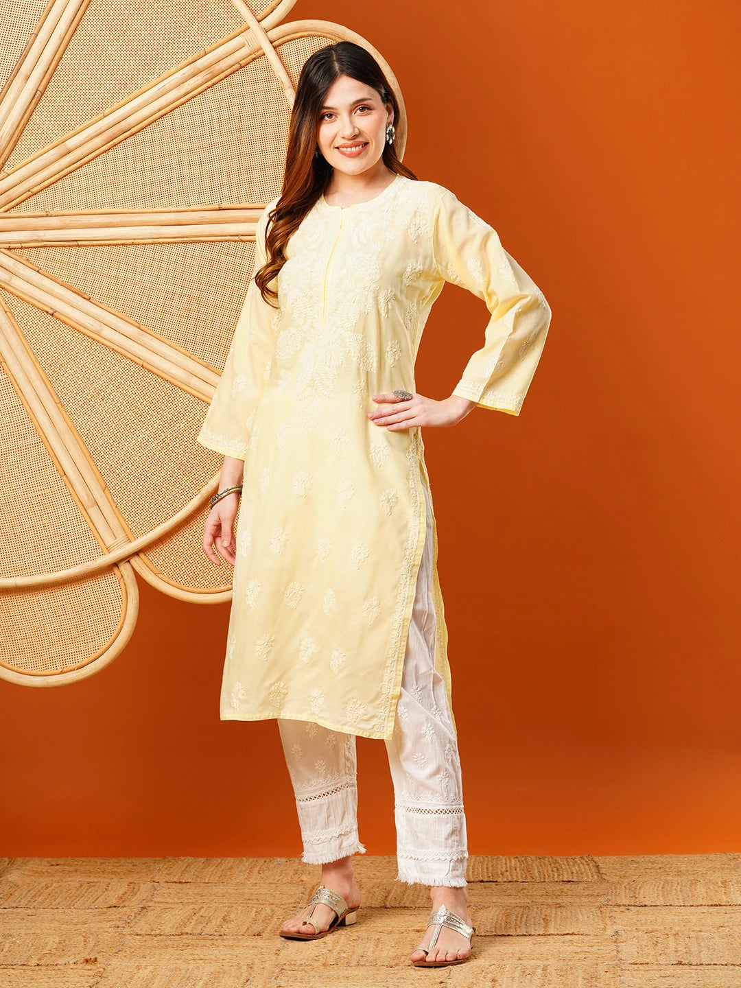 Ada Hand Embroidered Pastel Lemon Cotton Lucknowi Chikankari Straight Kurta A411609