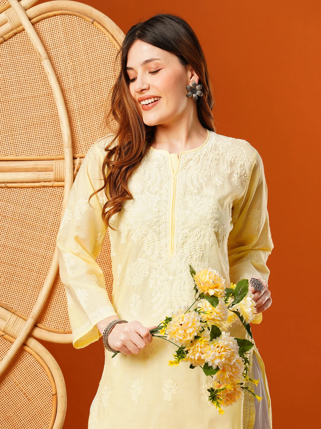 Ada Hand Embroidered Pastel Lemon Cotton Lucknowi Chikankari Straight Kurta A411609