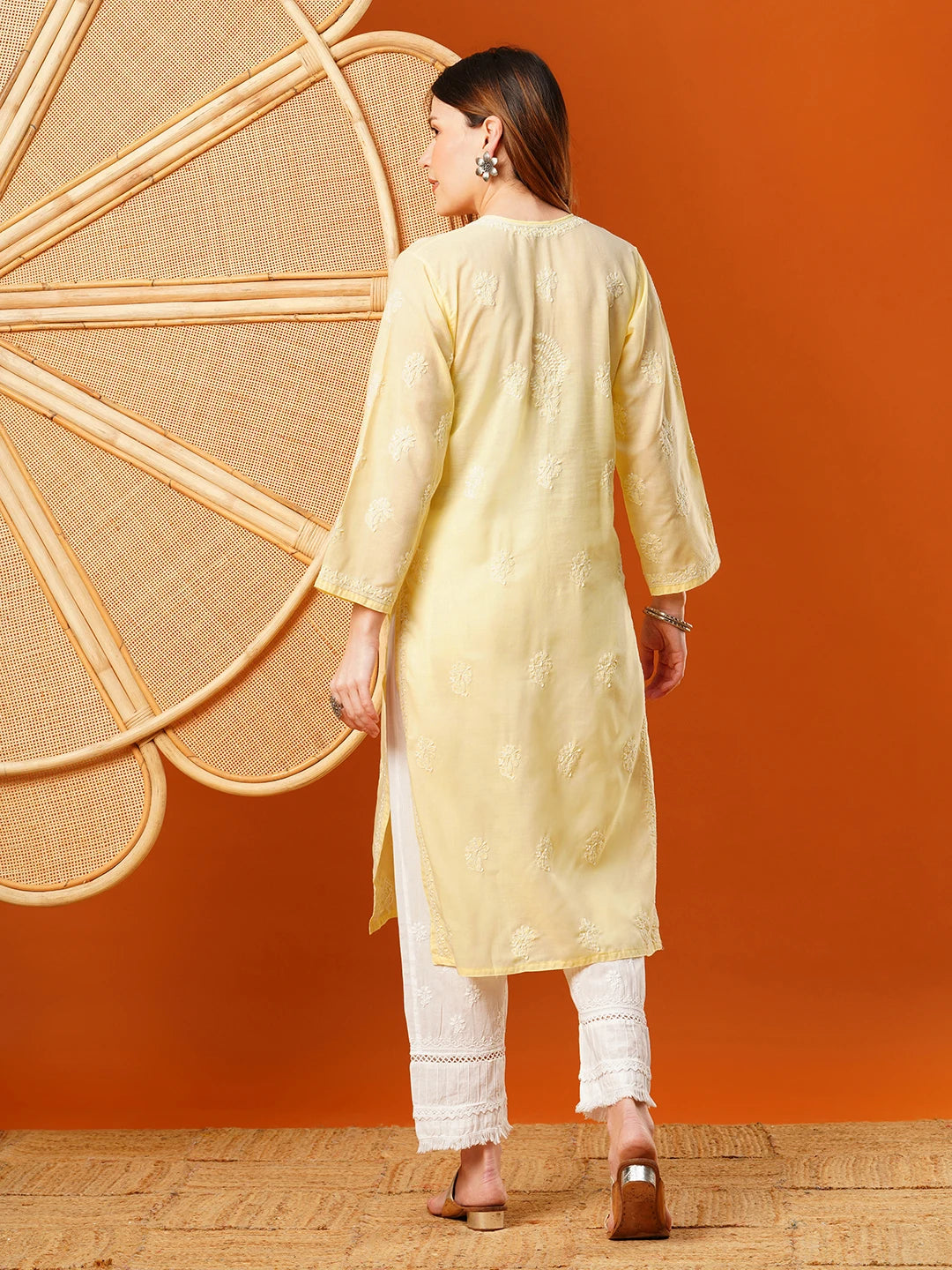 Ada Hand Embroidered Pastel Lemon Cotton Lucknowi Chikankari Straight Kurta A411609