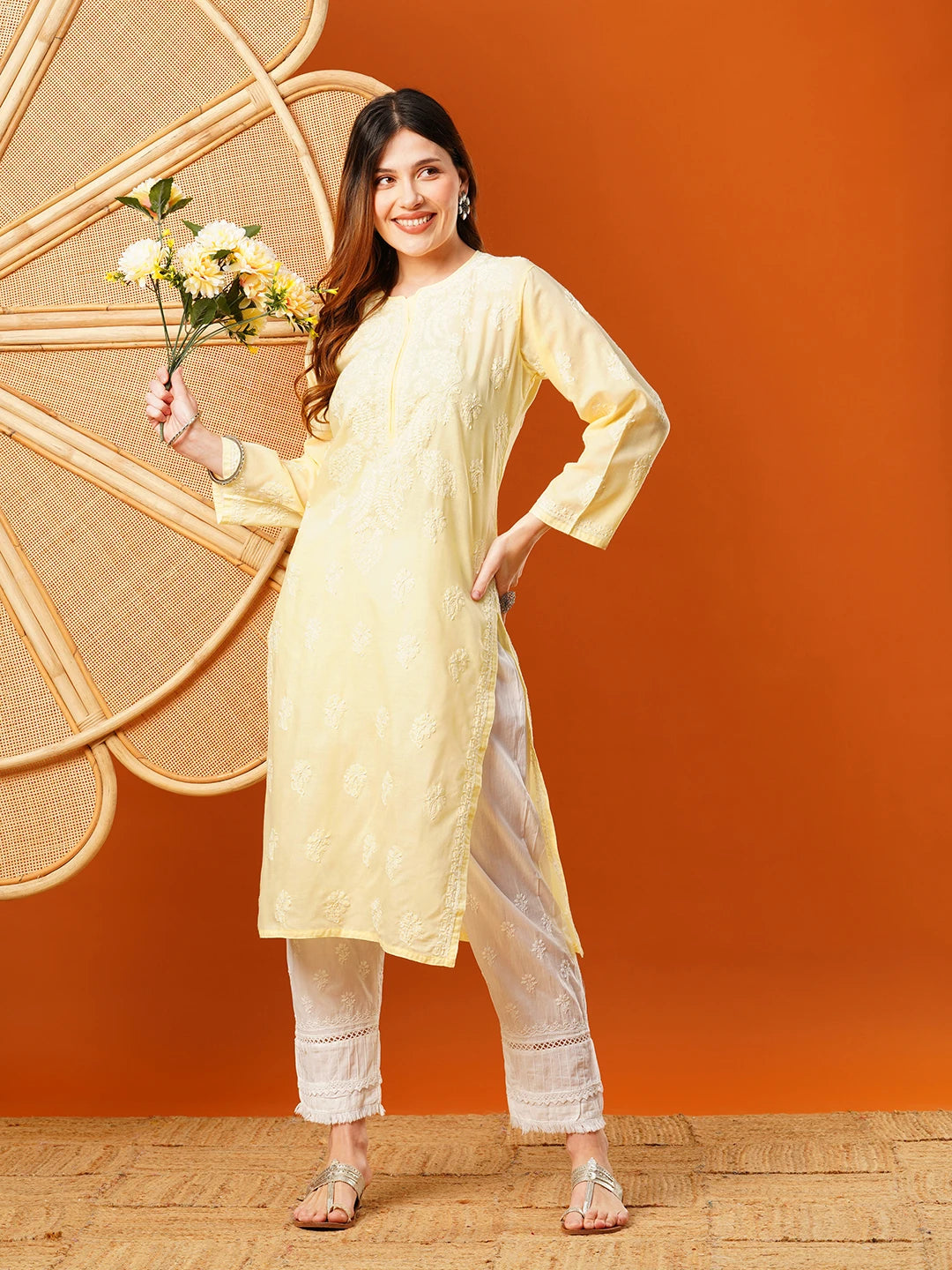 Ada Hand Embroidered Pastel Lemon Cotton Lucknowi Chikankari Straight Kurta A411609