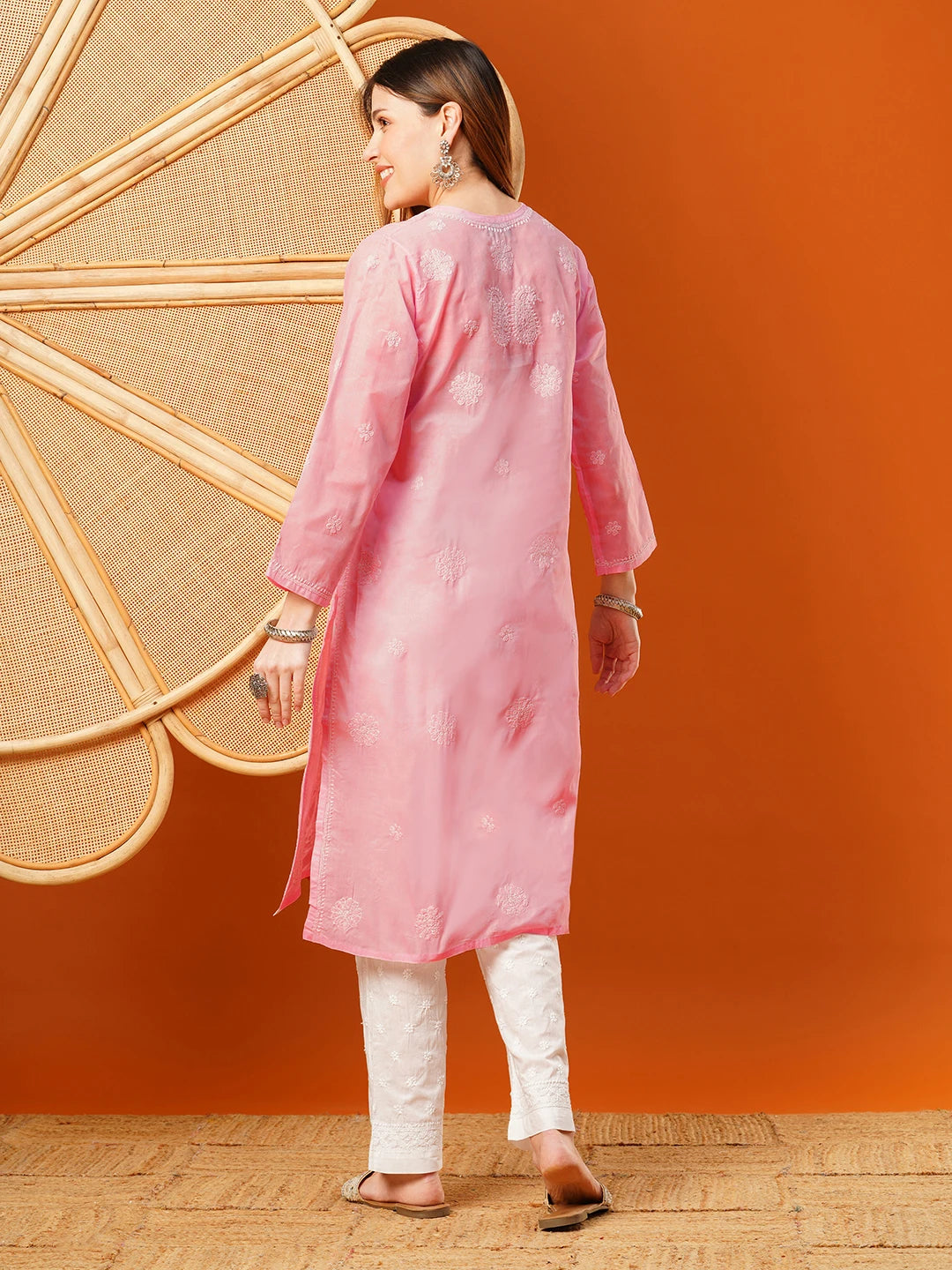 Ada Hand Embroidered Pink Cotton Lucknowi Chikankari straight Kurta A411611