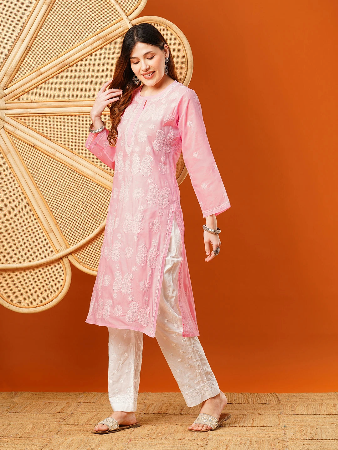 Ada Hand Embroidered Pink Cotton Lucknowi Chikankari straight Kurta A411611