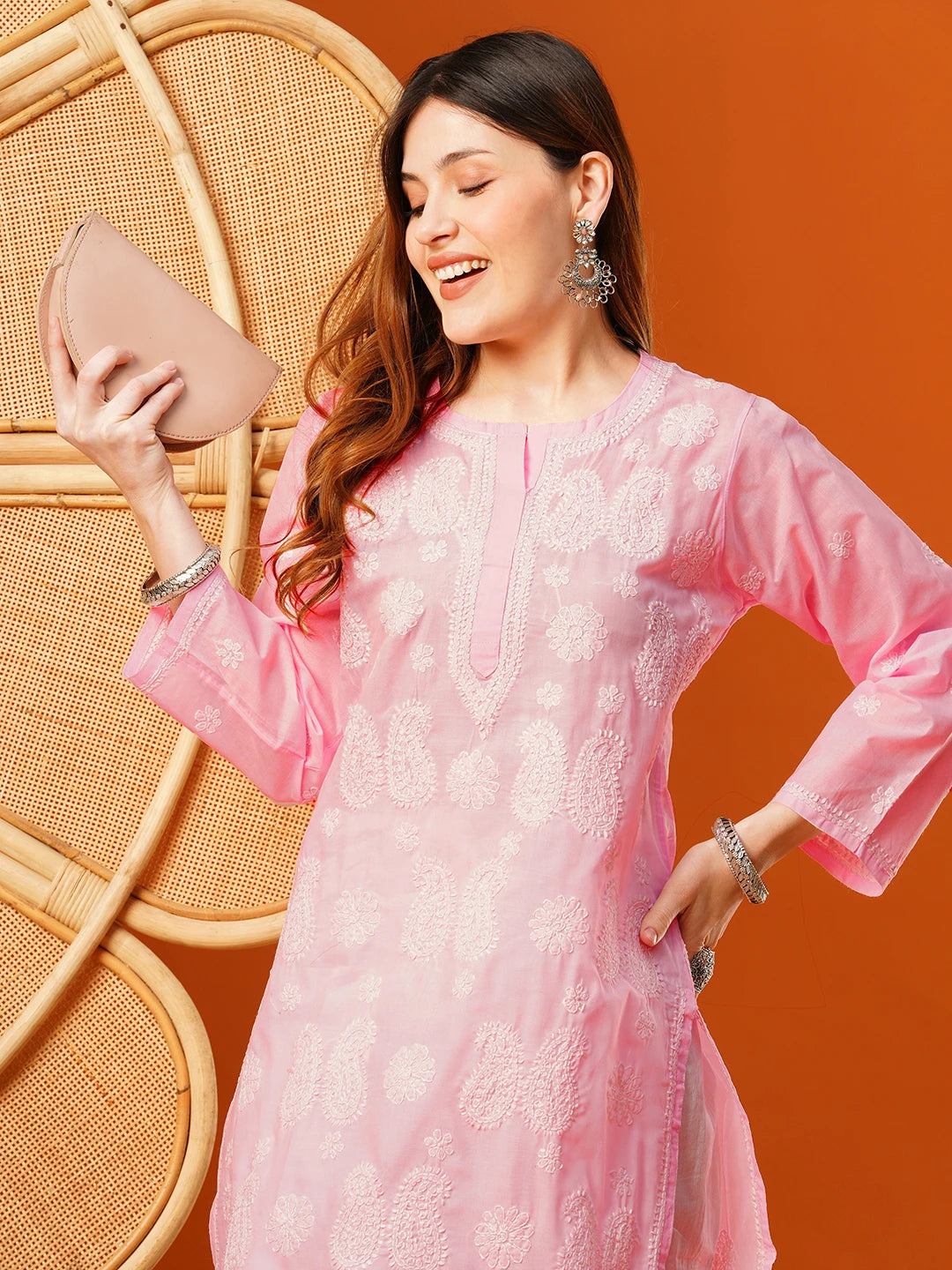 Ada Hand Embroidered Pink Cotton Lucknowi Chikankari straight Kurta A411611