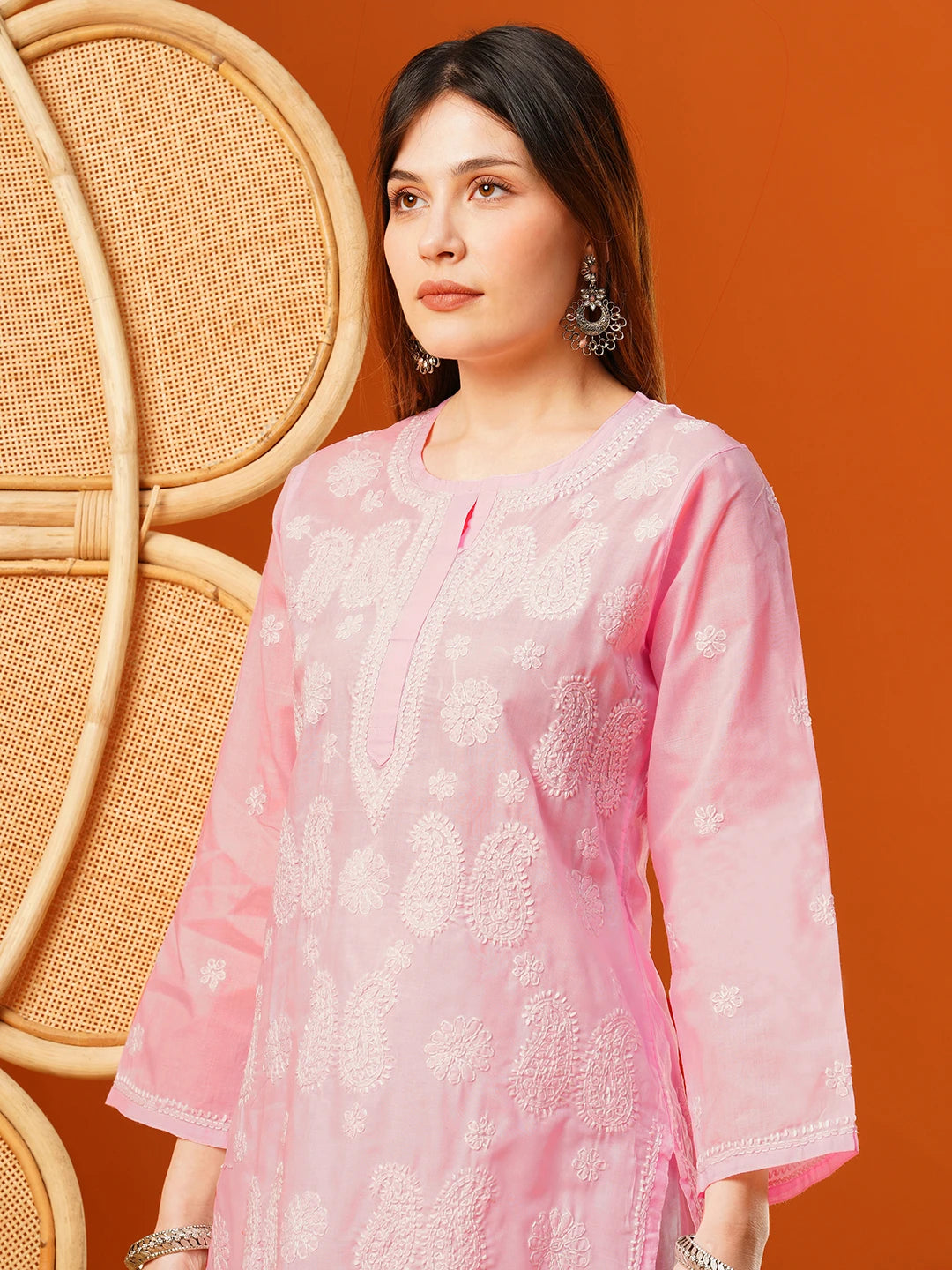 Ada Hand Embroidered Pink Cotton Lucknowi Chikankari straight Kurta A411611