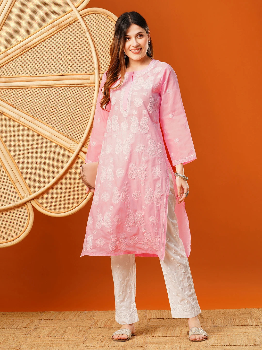 Ada Hand Embroidered Pink Cotton Lucknowi Chikankari straight Kurta A411611