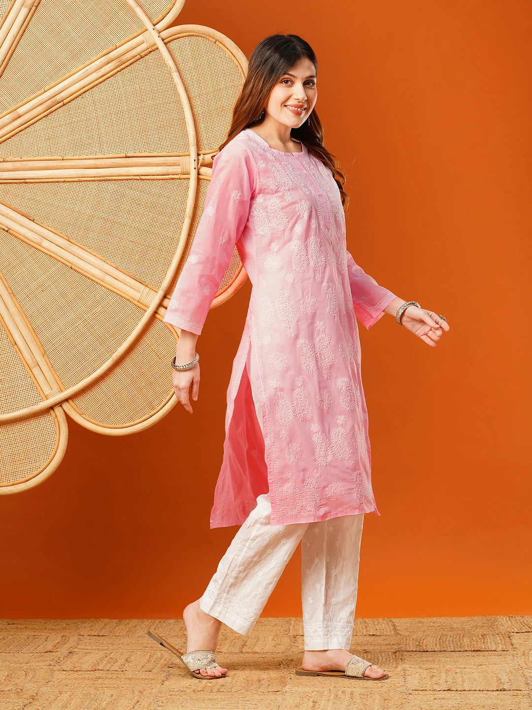 Ada Hand Embroidered Pink Cotton Lucknowi Chikankari straight Kurta A411611