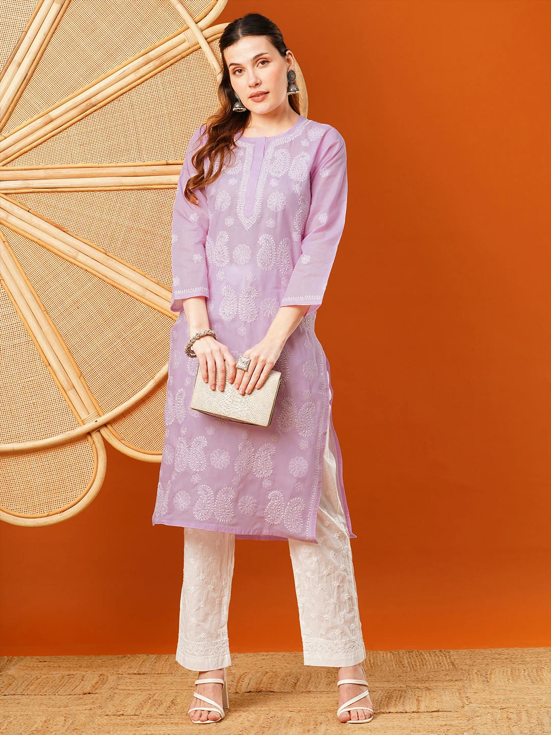 Ada Hand Embroidered Lavender Cotton Lucknowi Chikankari Straight Kurta A411615