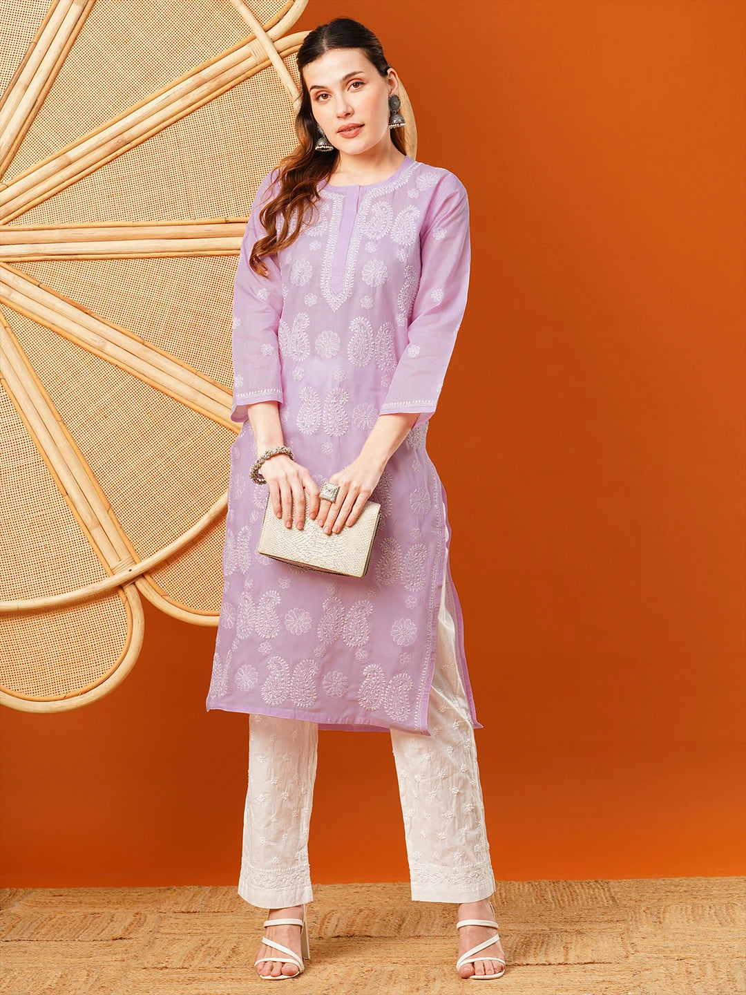 Ada Hand Embroidered Lavender Cotton Lucknowi Chikankari Straight Kurta A411615