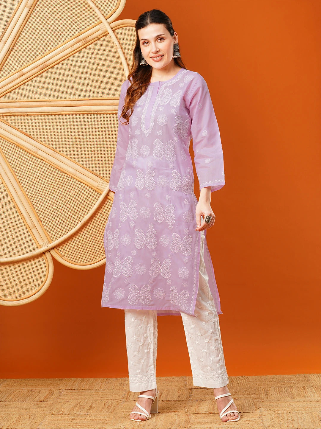 Ada Hand Embroidered Lavender Cotton Lucknowi Chikankari Straight Kurta A411615
