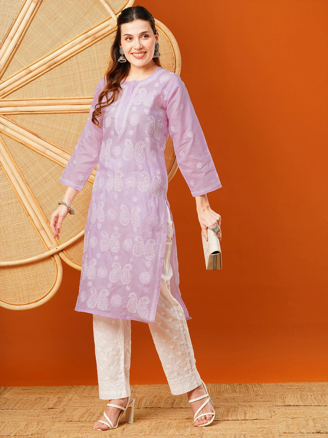 Ada Hand Embroidered Lavender Cotton Lucknowi Chikankari Straight Kurta A411615