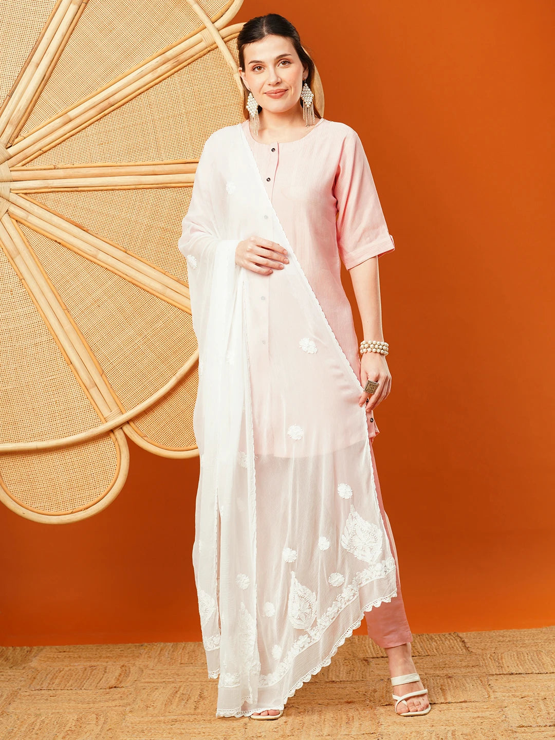 Ada Hand Embroidered White Chiffon Lucknowi Chikankari Dupatta A511217