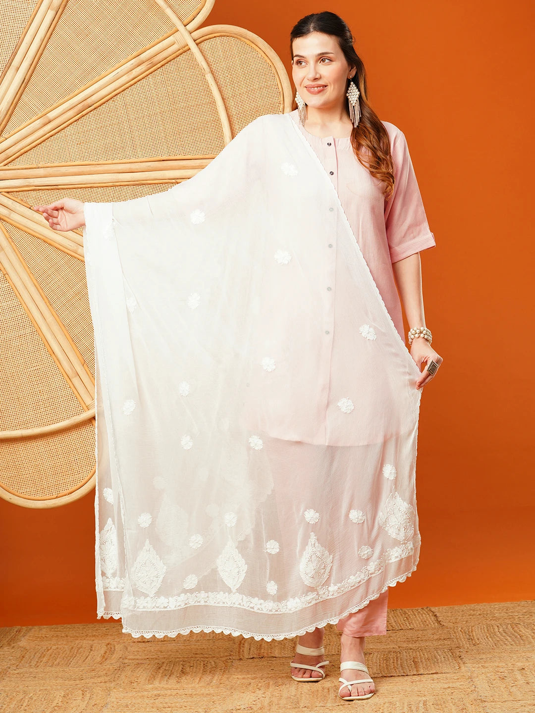 Ada Hand Embroidered White Chiffon Lucknowi Chikankari Dupatta A511217