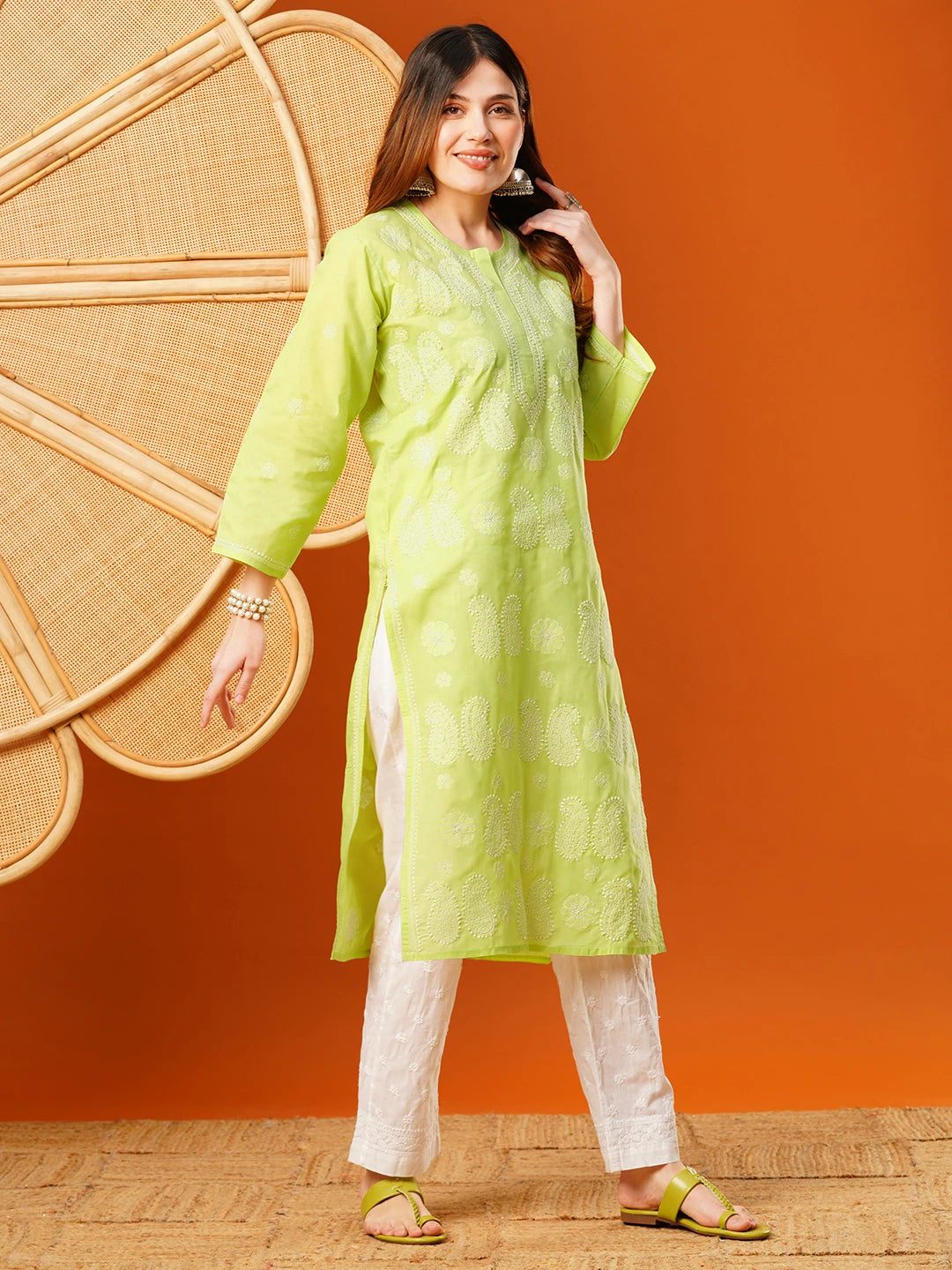 Ada Hand Embroidered Green Cotton Lucknowi Chikankari Straight Kurta A411614