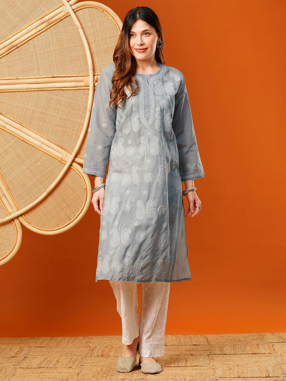 Ada Hand Embroidered Grey Cotton Lucknowi Chikankari Straight Kurta A411613