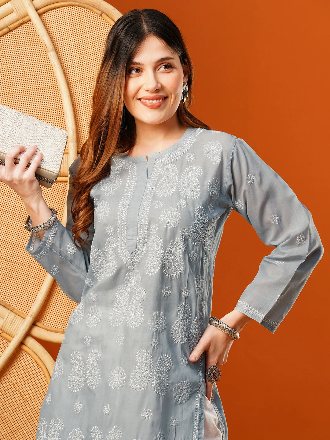 Ada Hand Embroidered Grey Cotton Lucknowi Chikankari Straight Kurta A411613