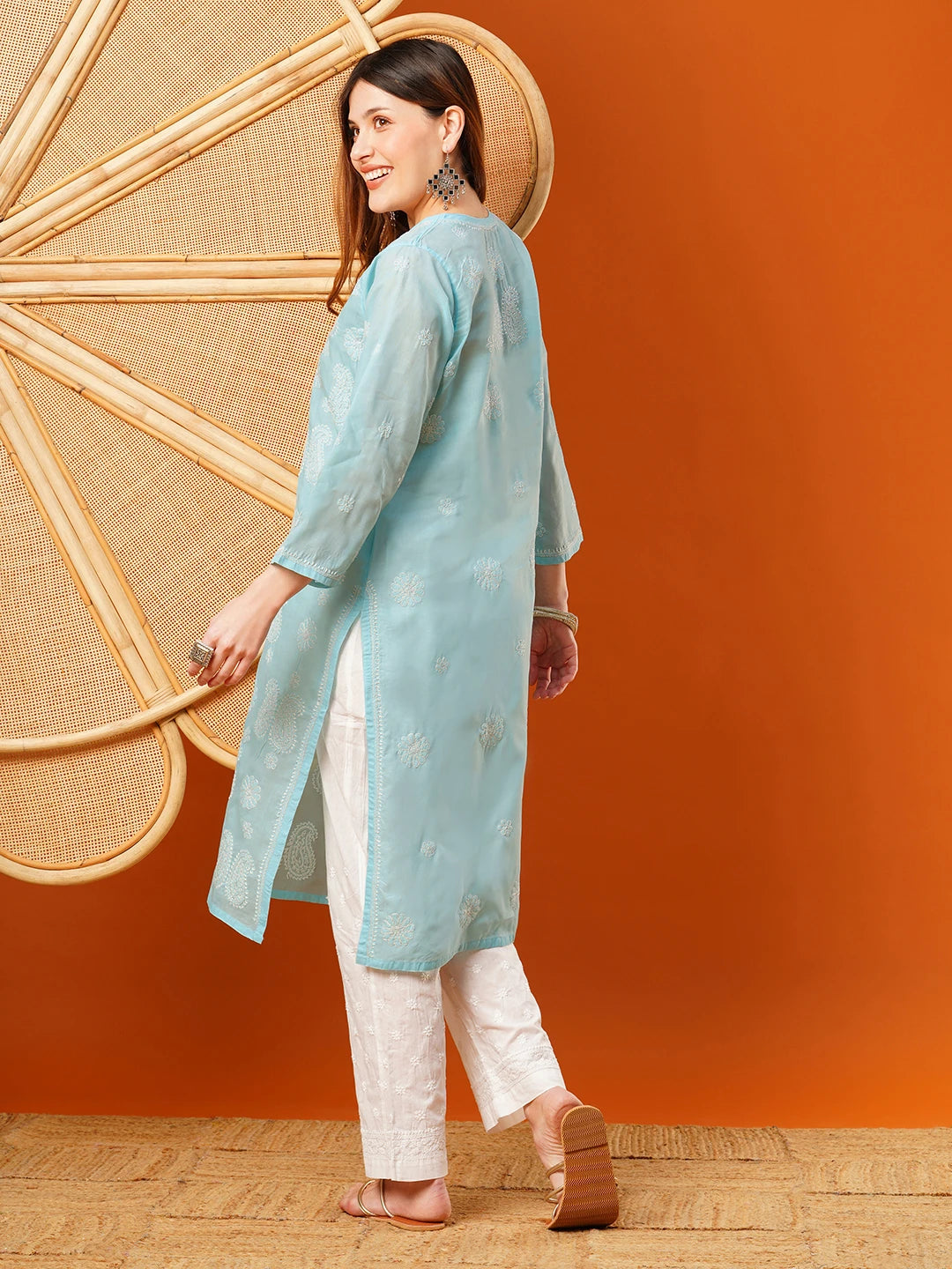 Ada Hand Embroidered Blue Cotton Lucknowi Chikankari Straight Kurta A411616