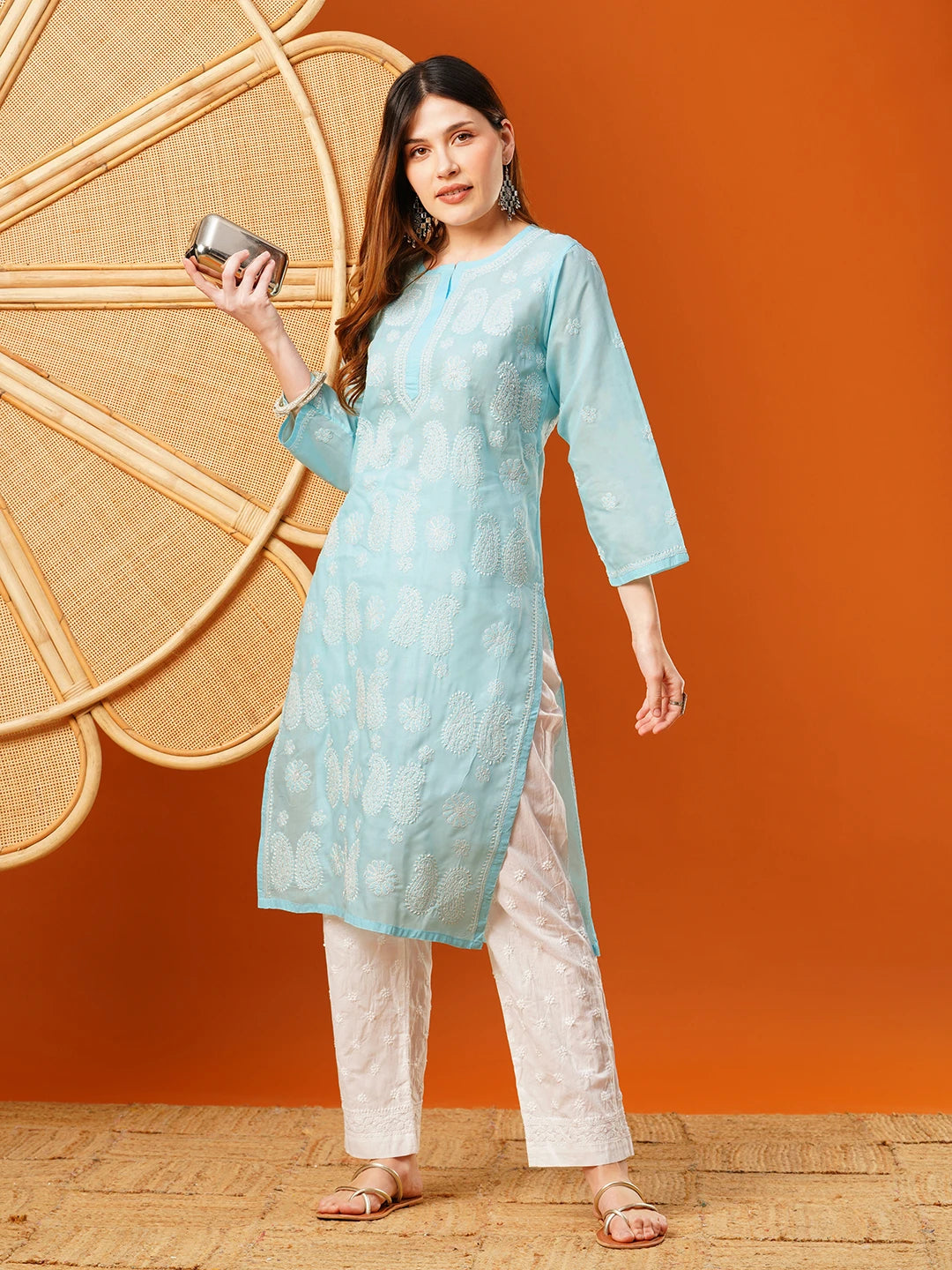 Ada Hand Embroidered Blue Cotton Lucknowi Chikankari Straight Kurta A411616