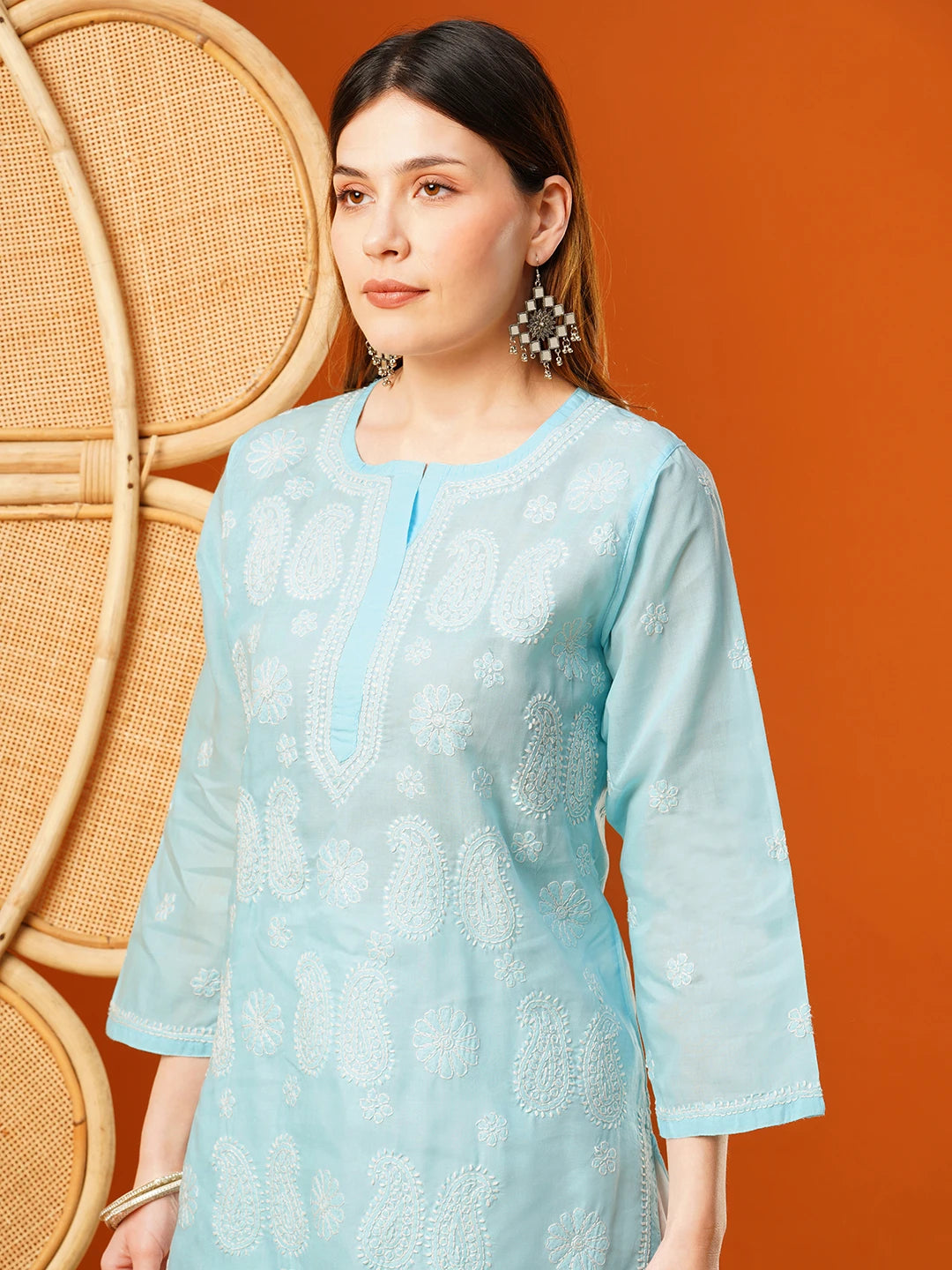 Ada Hand Embroidered Blue Cotton Lucknowi Chikankari Straight Kurta A411616