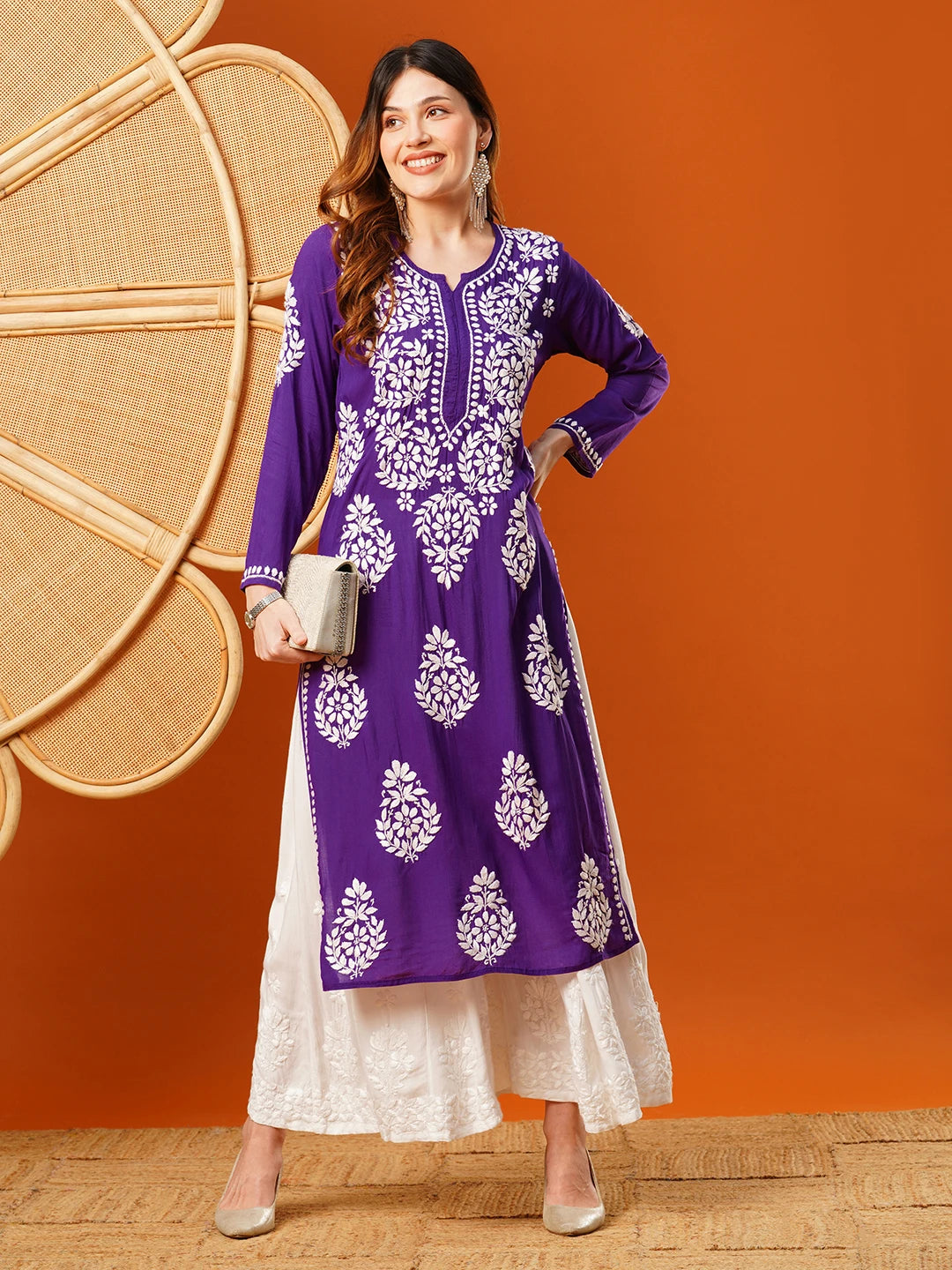 Ada Hand Embroidered Purple Modal Lucknowi Chikankari Straight Kurta A411586