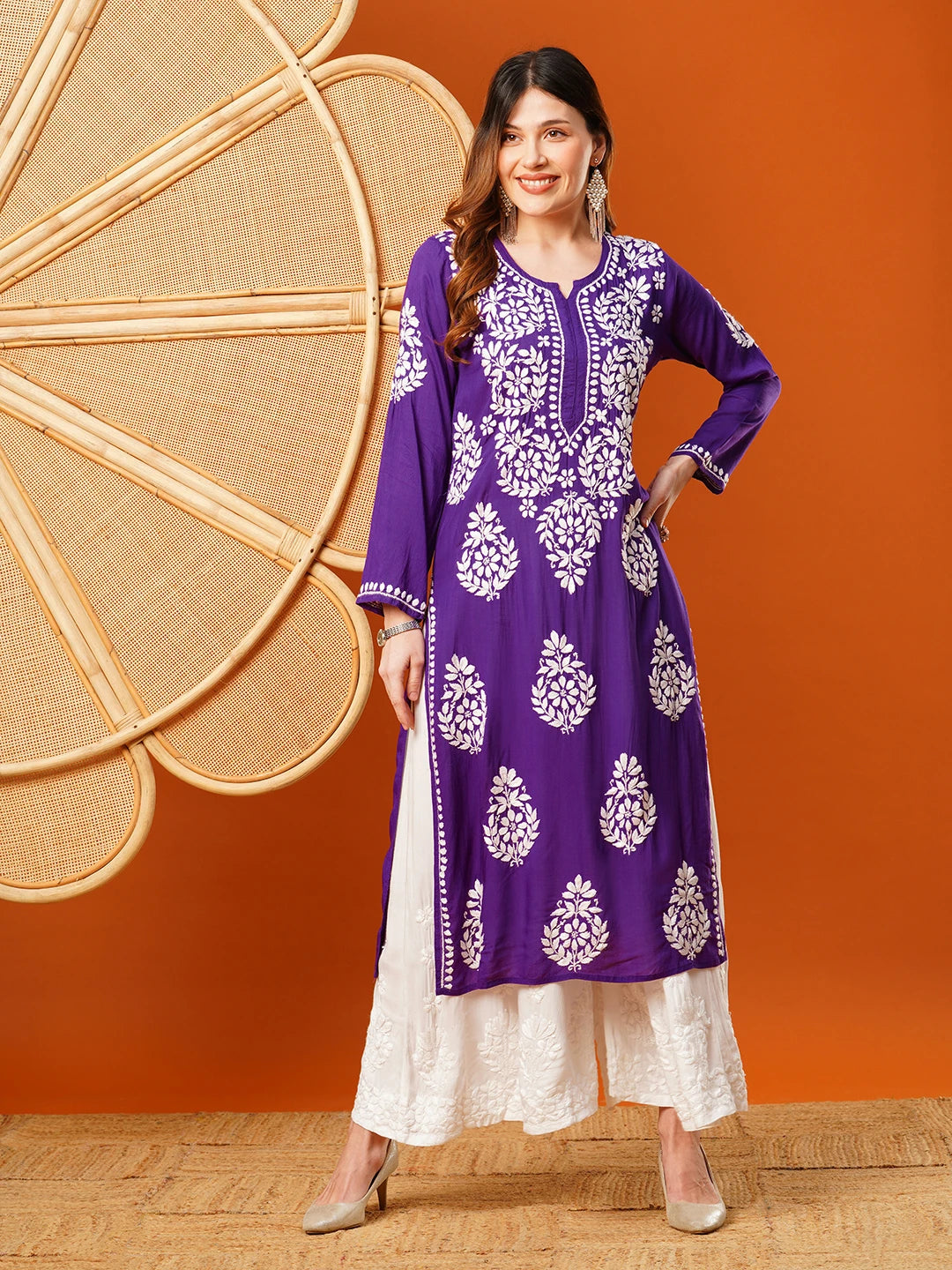 Ada Hand Embroidered Purple Modal Lucknowi Chikankari Straight Kurta A411586