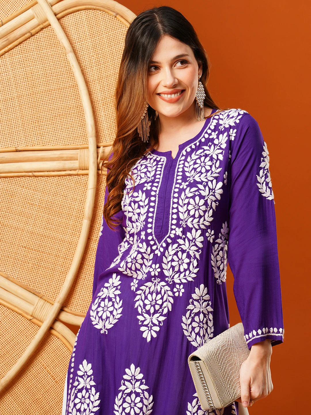 Ada Hand Embroidered Purple Modal Lucknowi Chikankari Straight Kurta A411586