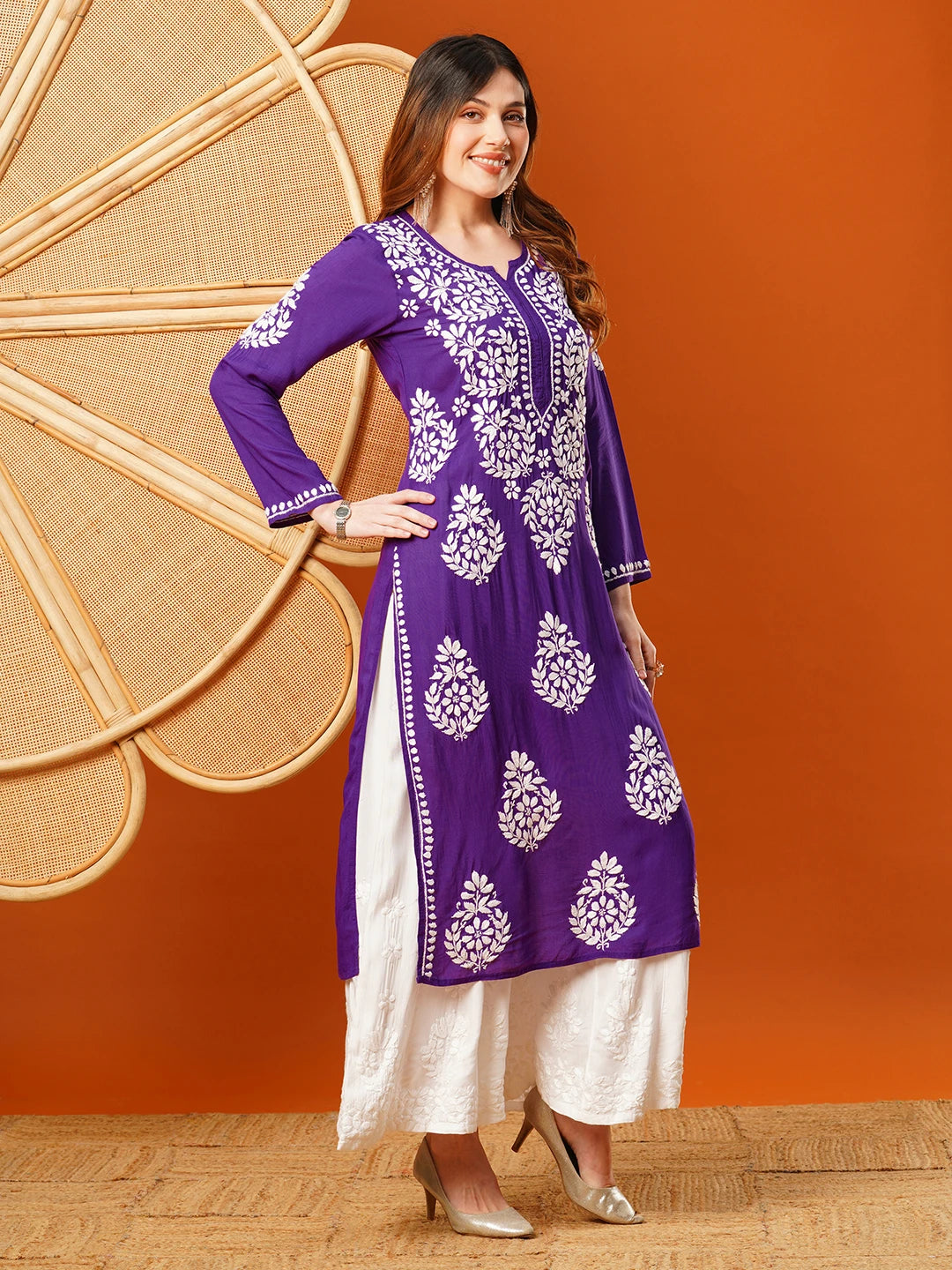 Ada Hand Embroidered Purple Modal Lucknowi Chikankari Straight Kurta A411586