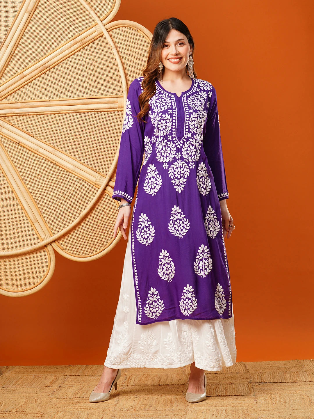 Ada Hand Embroidered Purple Modal Lucknowi Chikankari Straight Kurta A411586