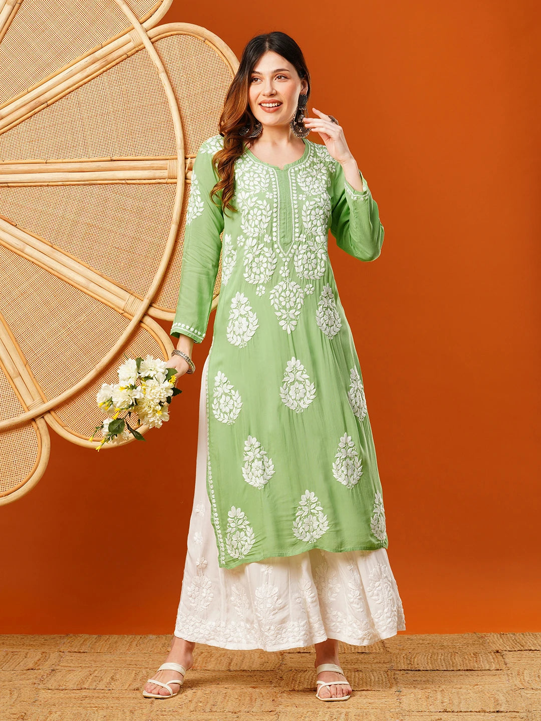 Ada Hand Embroidered Pear Green Modal Lucknowi Chikankari Straight Kurta A411591