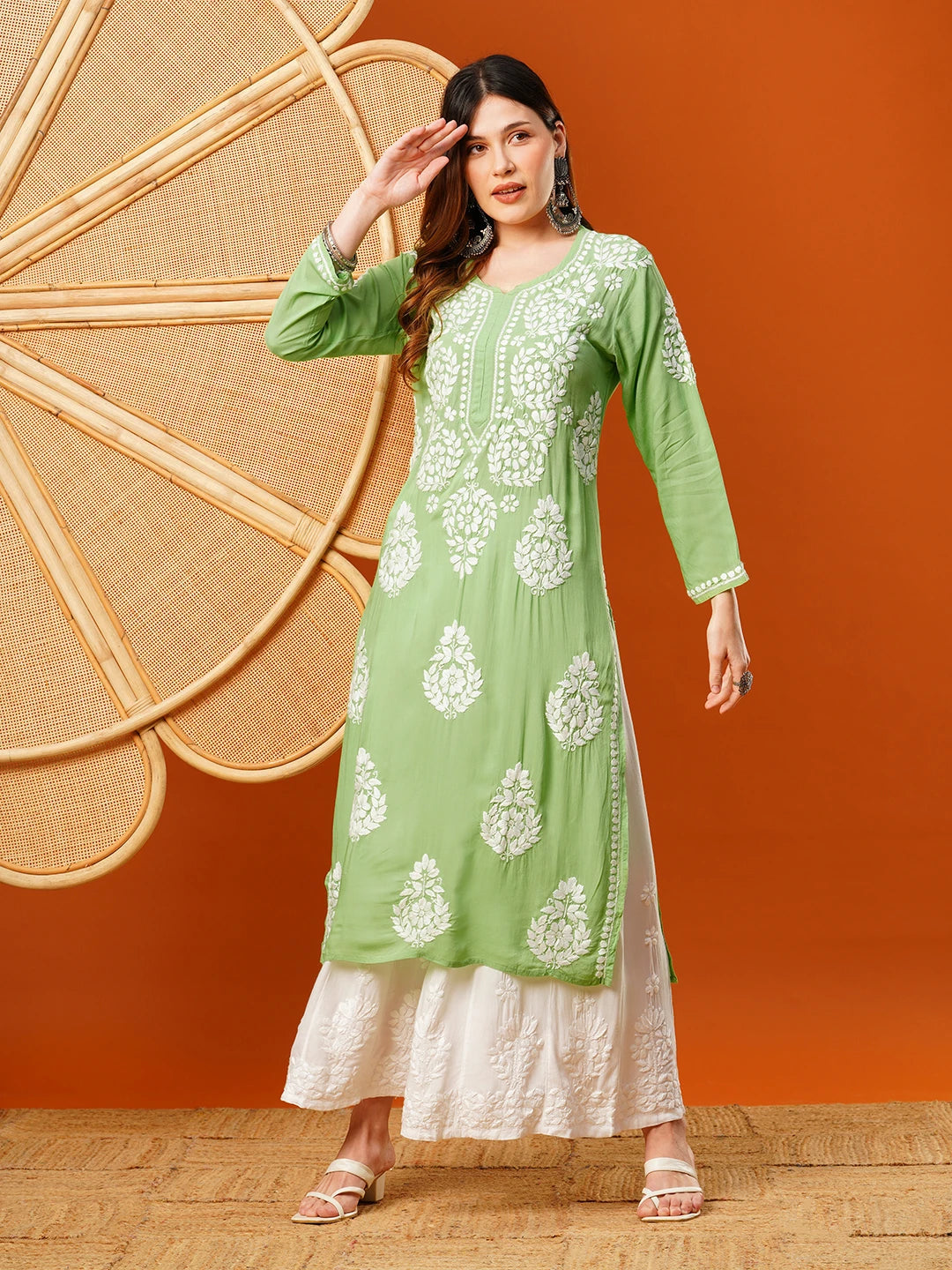 Ada Hand Embroidered Pear Green Modal Lucknowi Chikankari Straight Kurta A411591