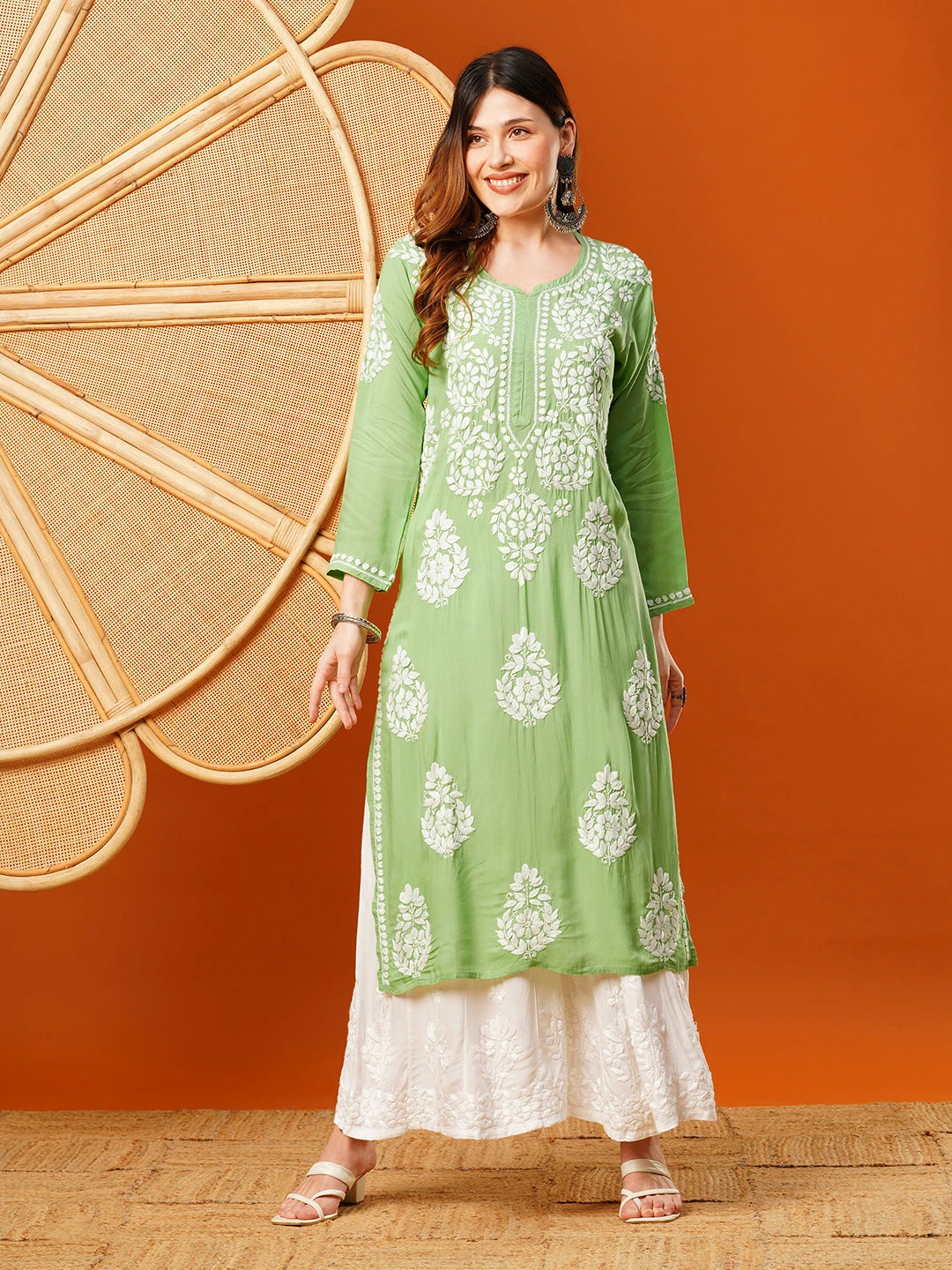 Ada Hand Embroidered Pear Green Modal Lucknowi Chikankari Straight Kurta A411591