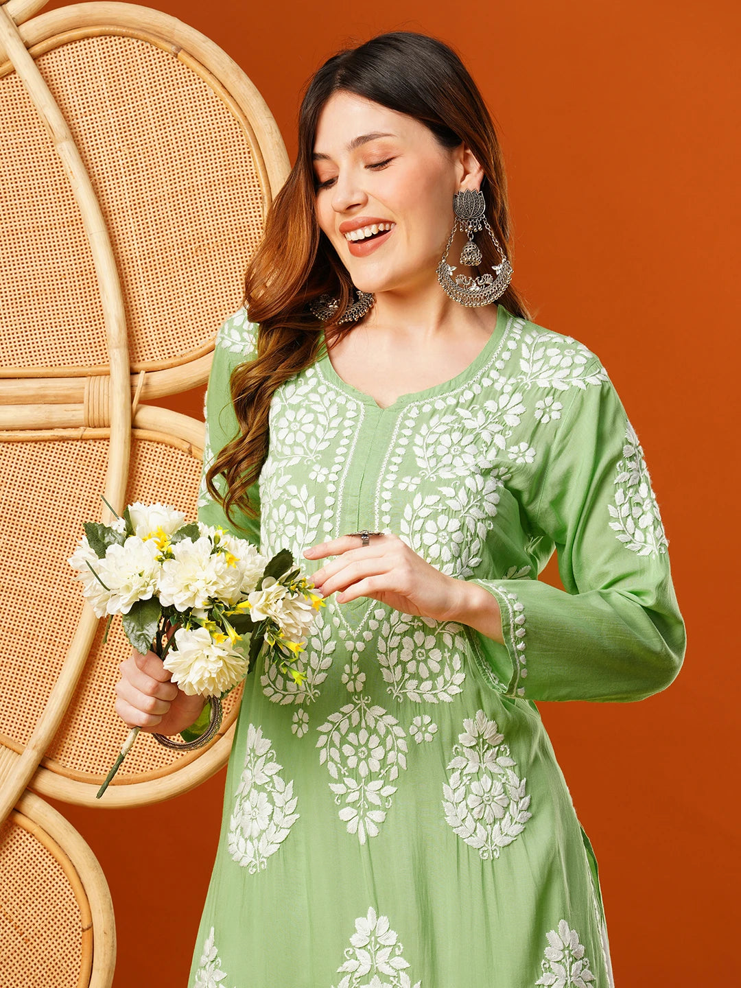 Ada Hand Embroidered Pear Green Modal Lucknowi Chikankari Straight Kurta A411591