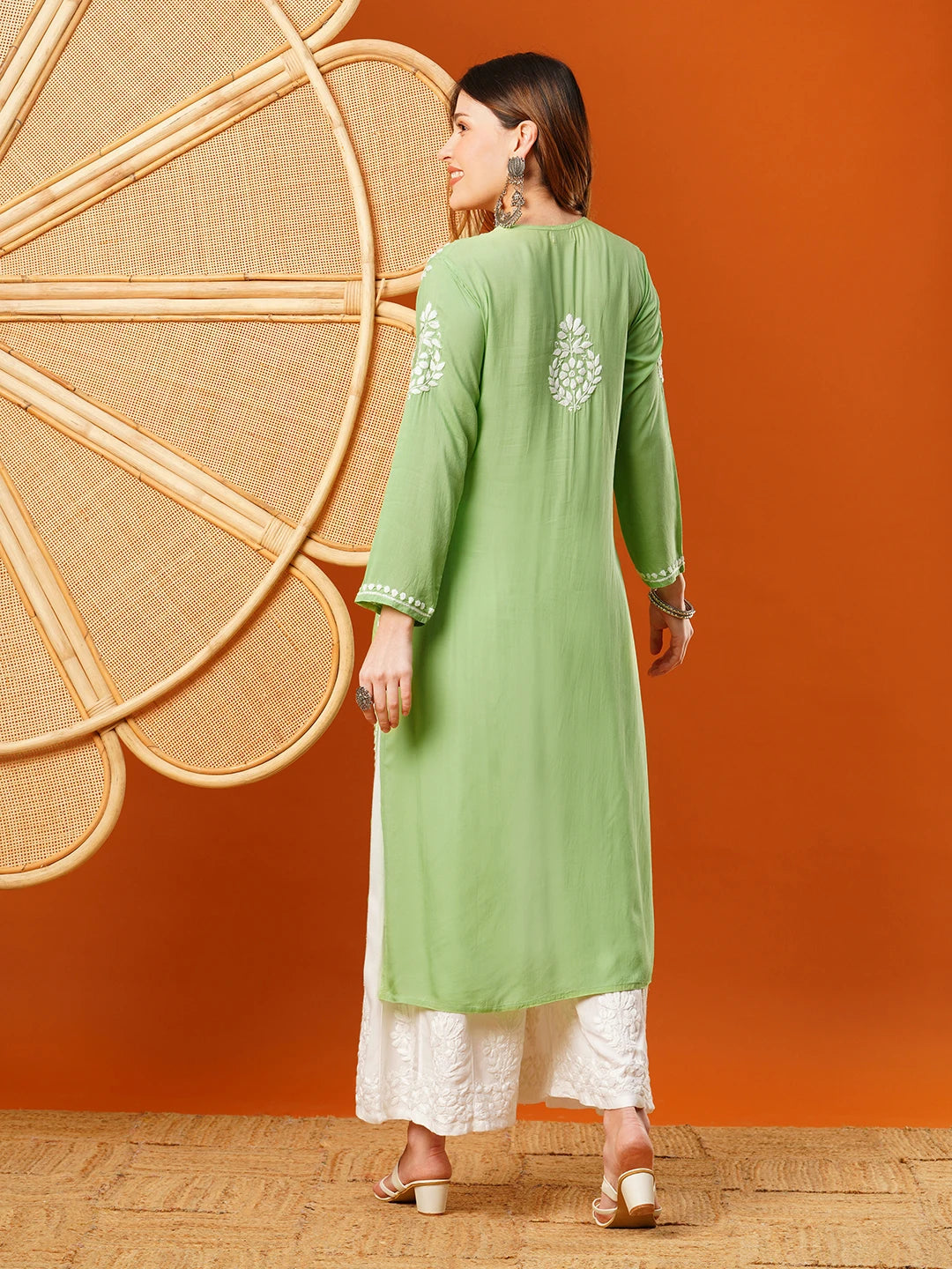 Ada Hand Embroidered Pear Green Modal Lucknowi Chikankari Straight Kurta A411591