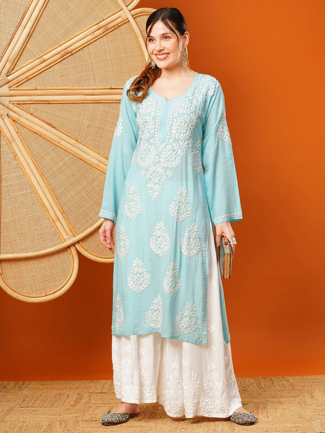 Ada Hand Embroidered Sky Blue Modal Lucknowi Chikankari Straight Kurta A411582