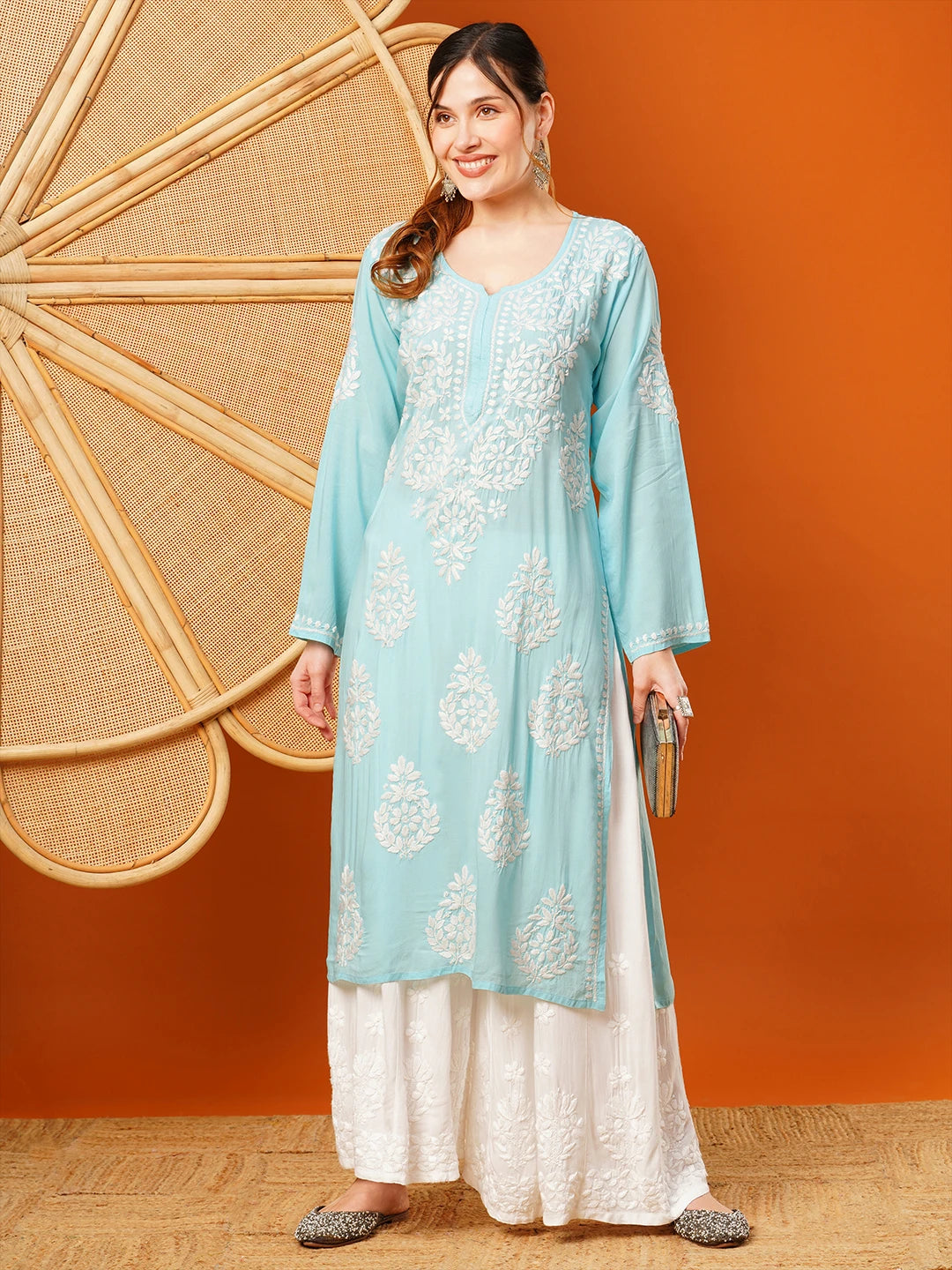 Ada Hand Embroidered Sky Blue Modal Lucknowi Chikankari Straight Kurta A411582