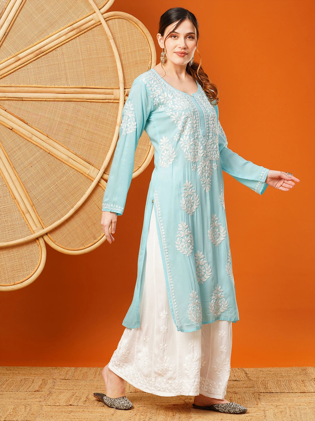 Ada Hand Embroidered Sky Blue Modal Lucknowi Chikankari Straight Kurta A411582