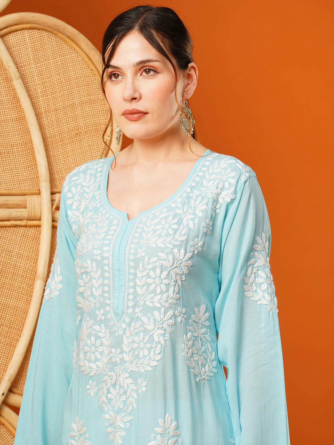 Ada Hand Embroidered Sky Blue Modal Lucknowi Chikankari Straight Kurta A411582