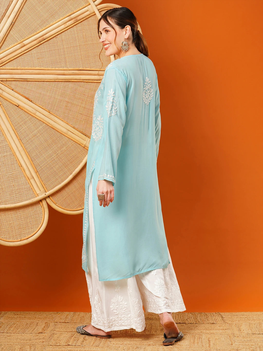 Ada Hand Embroidered Sky Blue Modal Lucknowi Chikankari Straight Kurta A411582