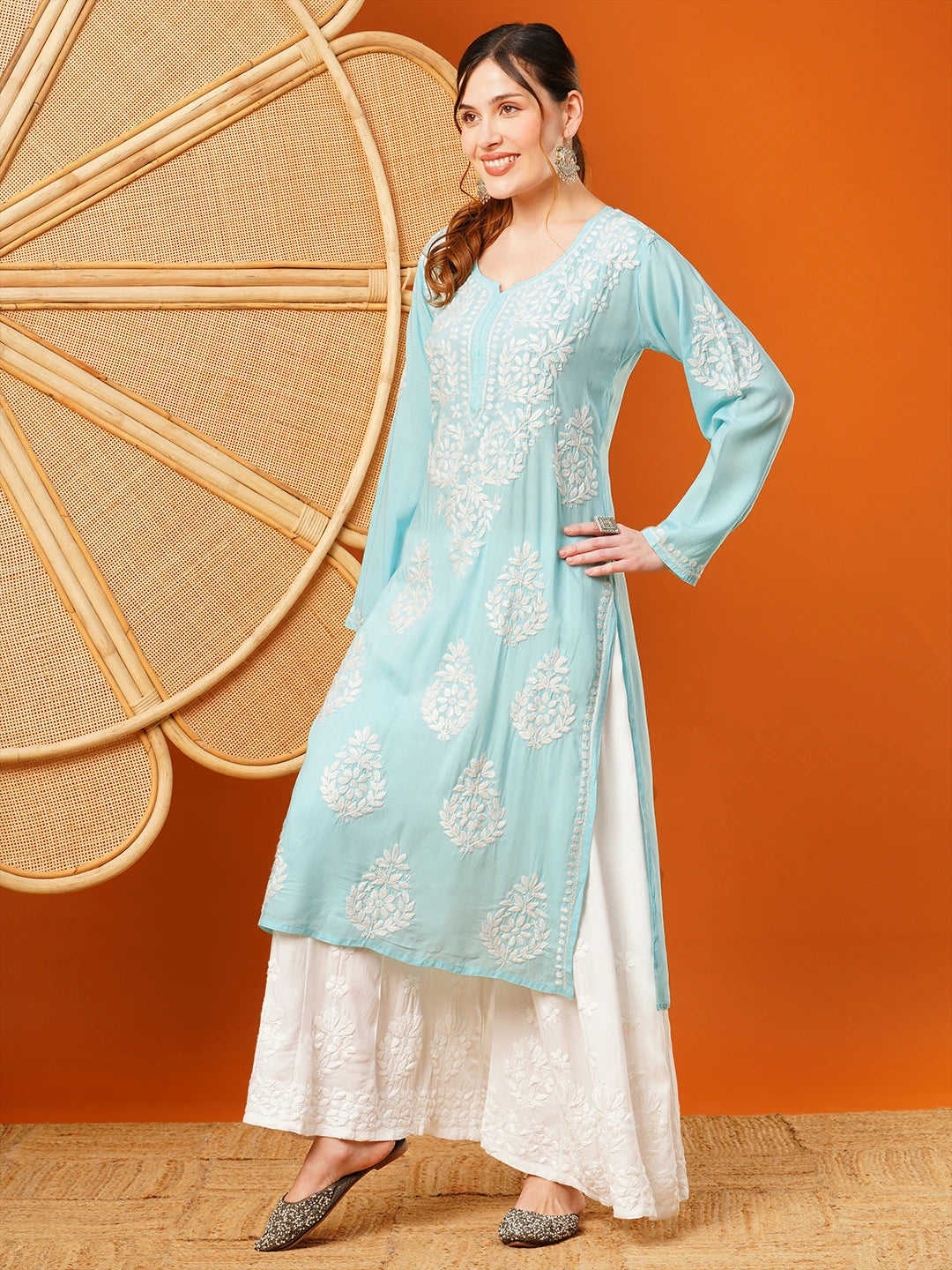 Ada Hand Embroidered Sky Blue Modal Lucknowi Chikankari Straight Kurta A411582