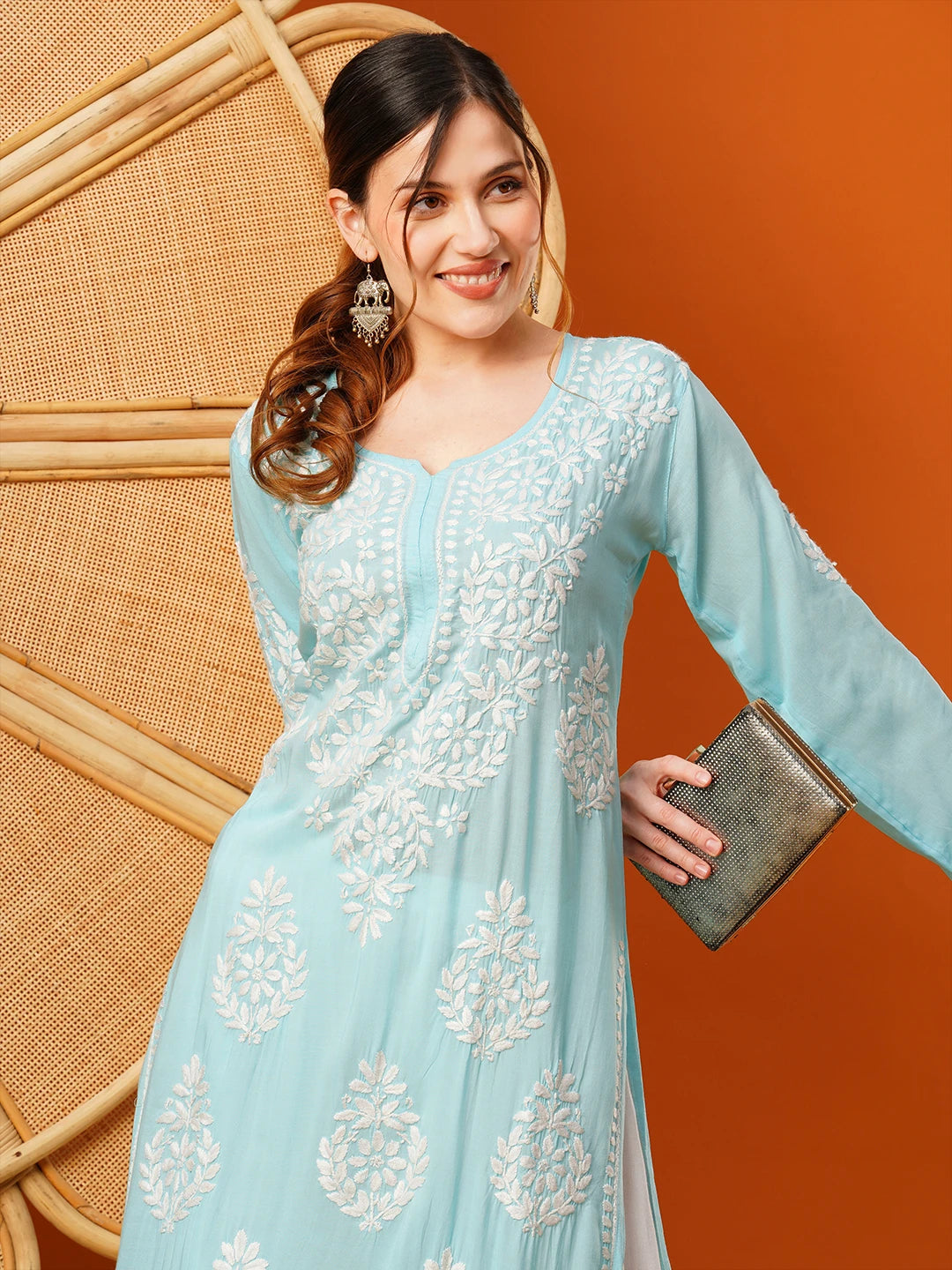 Ada Hand Embroidered Sky Blue Modal Lucknowi Chikankari Straight Kurta A411582