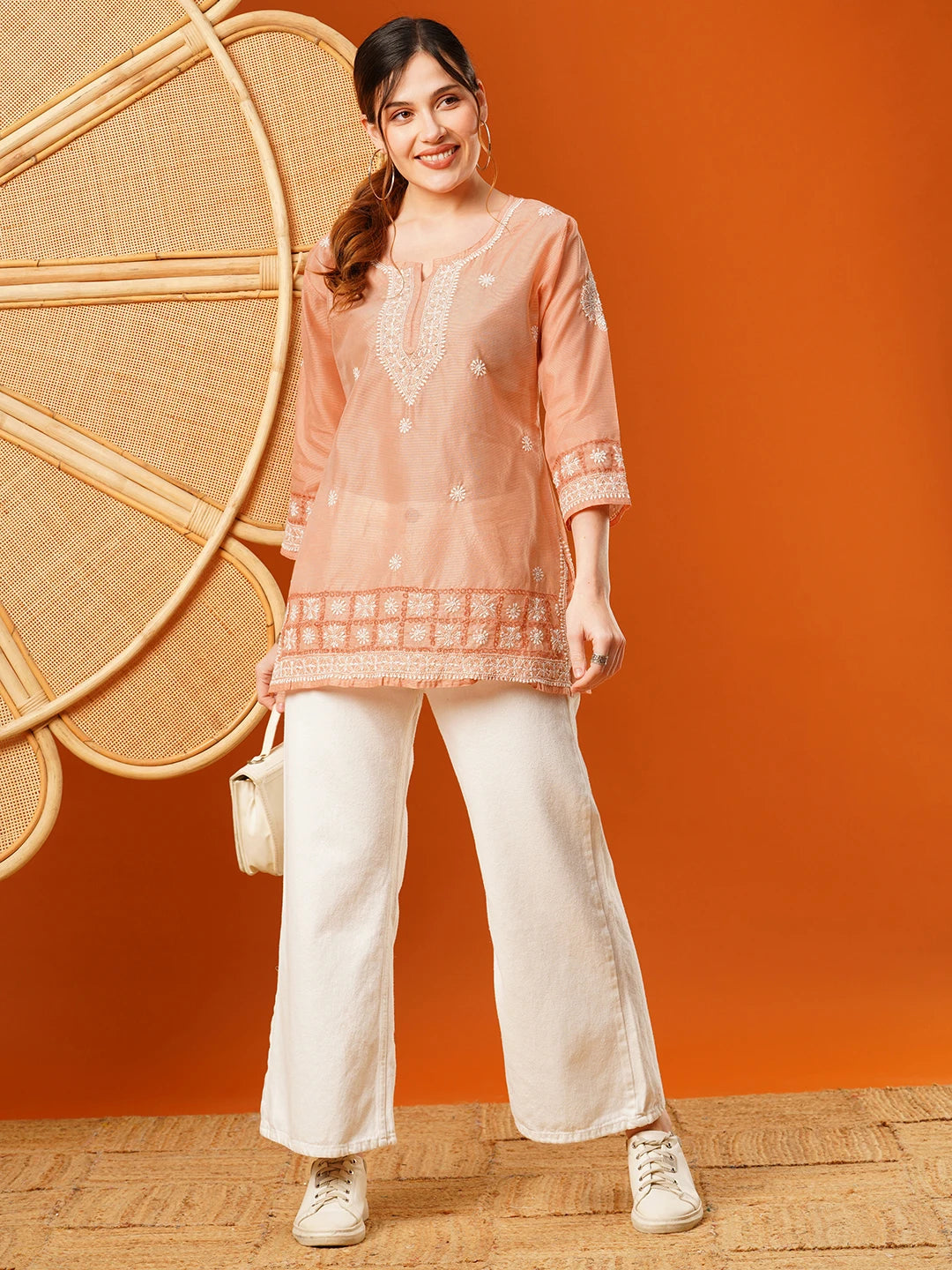 Ada Hand Embroidered Peach Chanderi Lucknowi Chikankari Short Kurti A911396