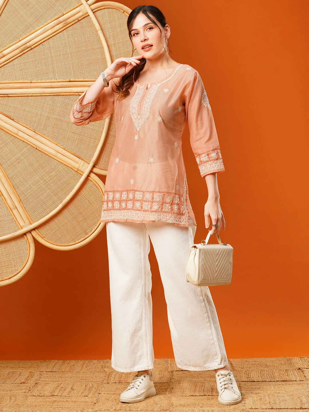 Ada Hand Embroidered Peach Chanderi Lucknowi Chikankari Short Kurti A911396