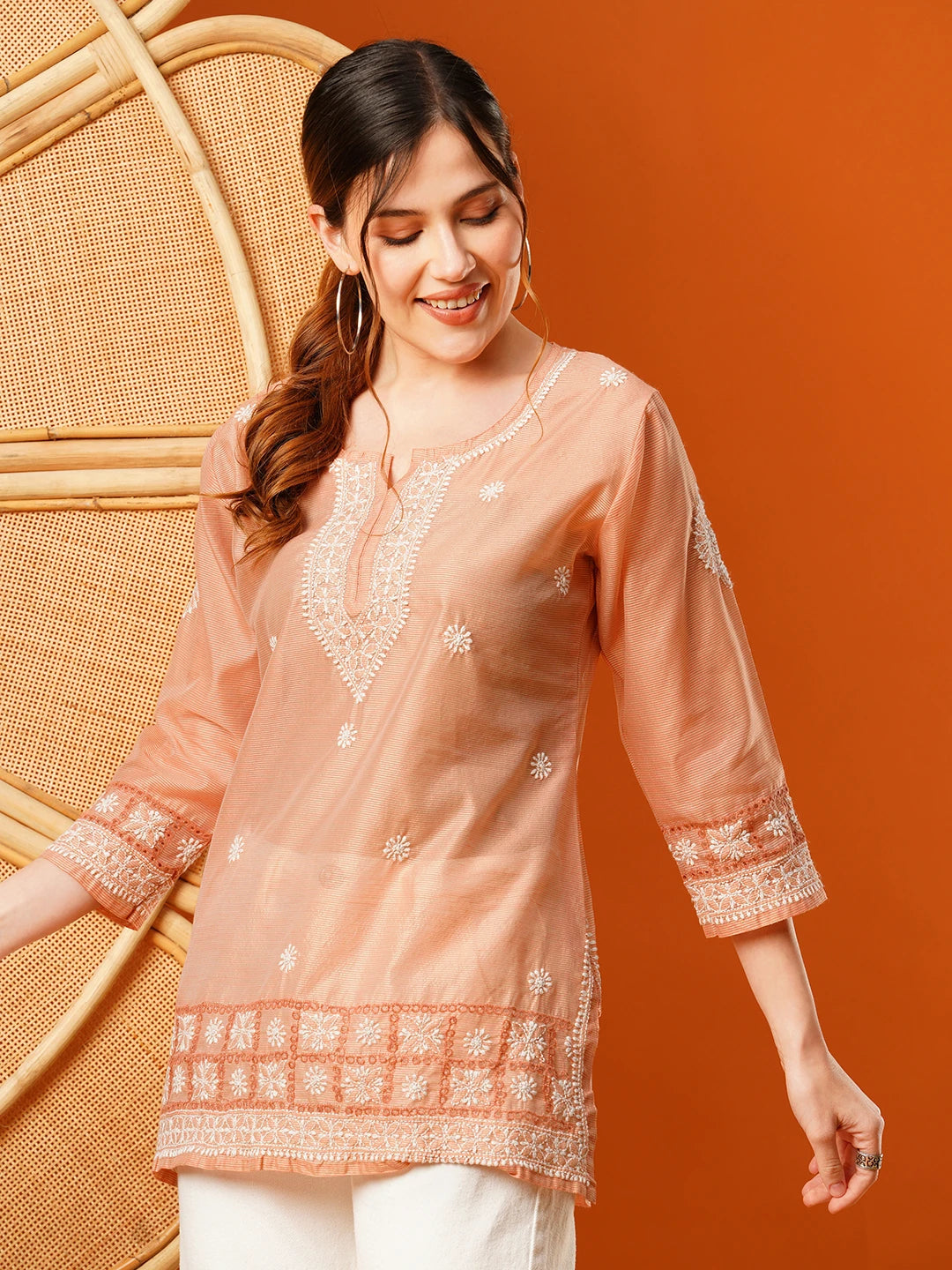 Ada Hand Embroidered Peach Chanderi Lucknowi Chikankari Short Kurti A911396