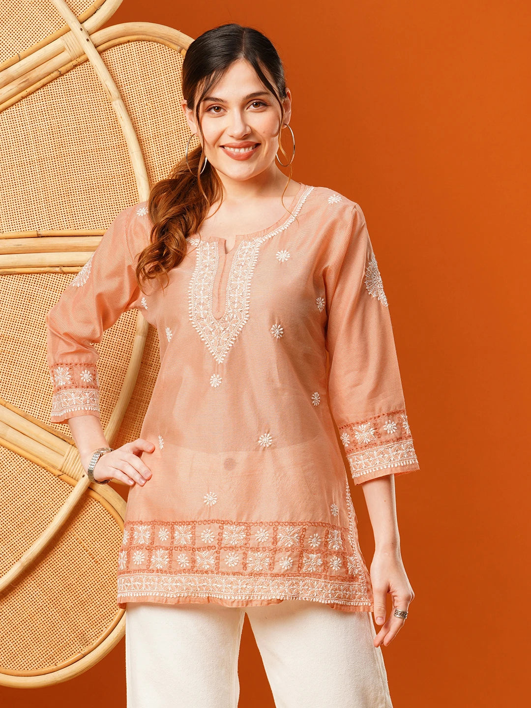 Ada Hand Embroidered Peach Chanderi Lucknowi Chikankari Short Kurti A911396