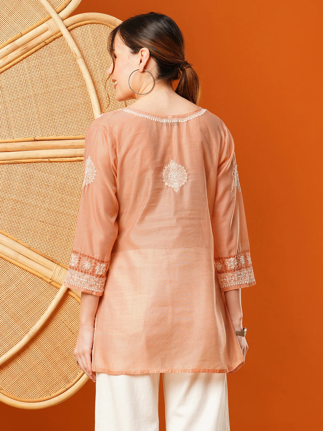 Ada Hand Embroidered Peach Chanderi Lucknowi Chikankari Short Kurti A911396