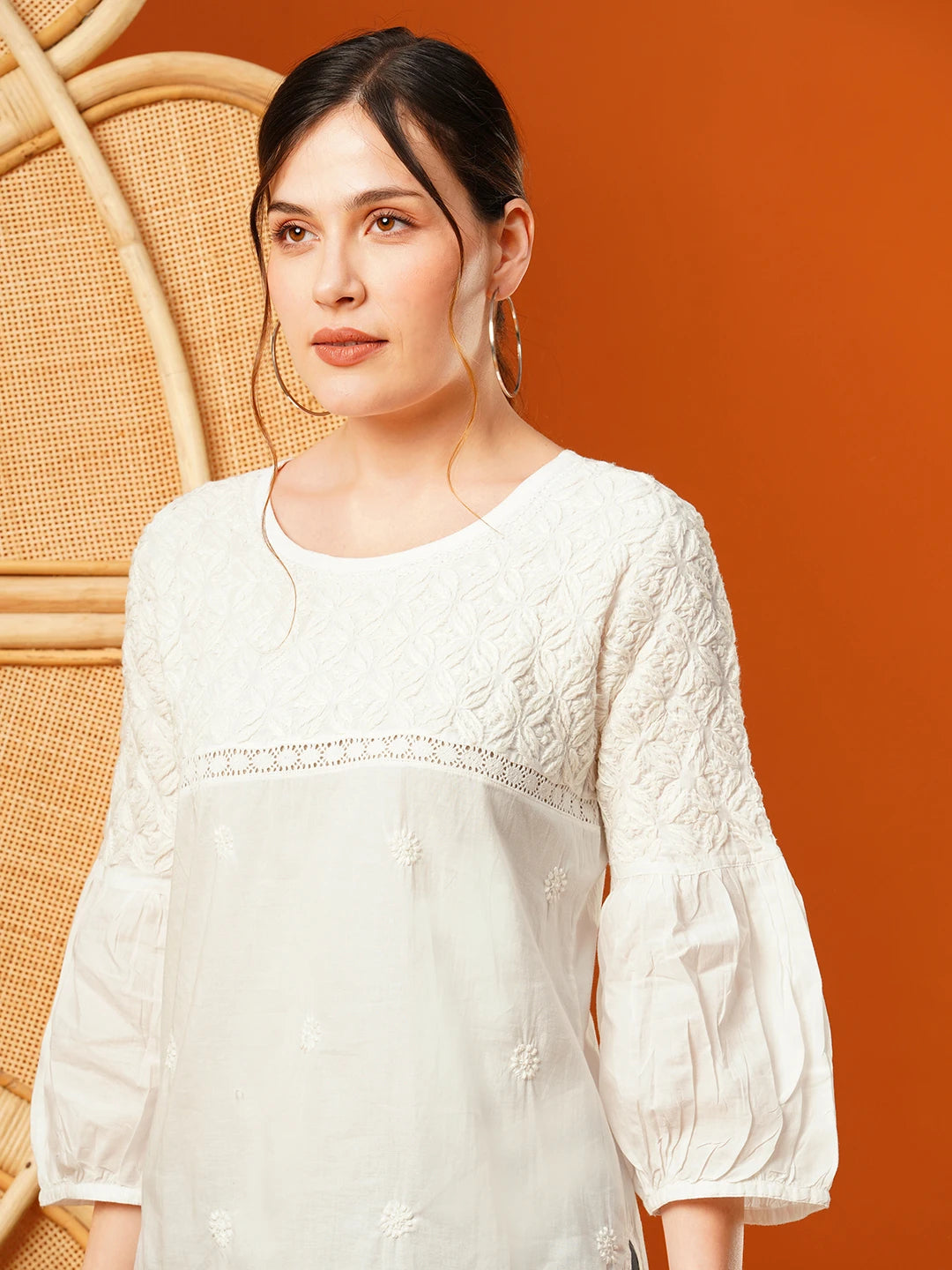 Ada Hand Embroidered White Cotton Lucknowi Chikankari Short Kurti A911201